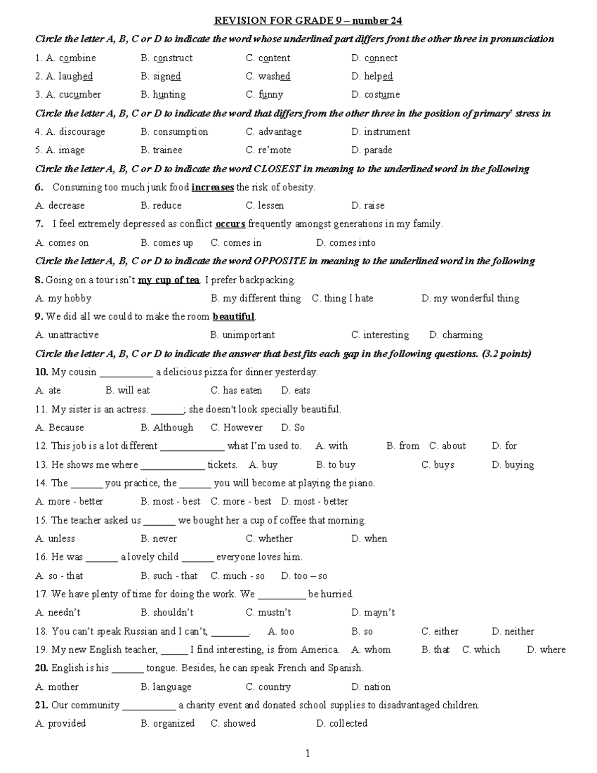 REVISION FOR GRADE 9: PRACTICE TEST NUMBER 24 - Studocu