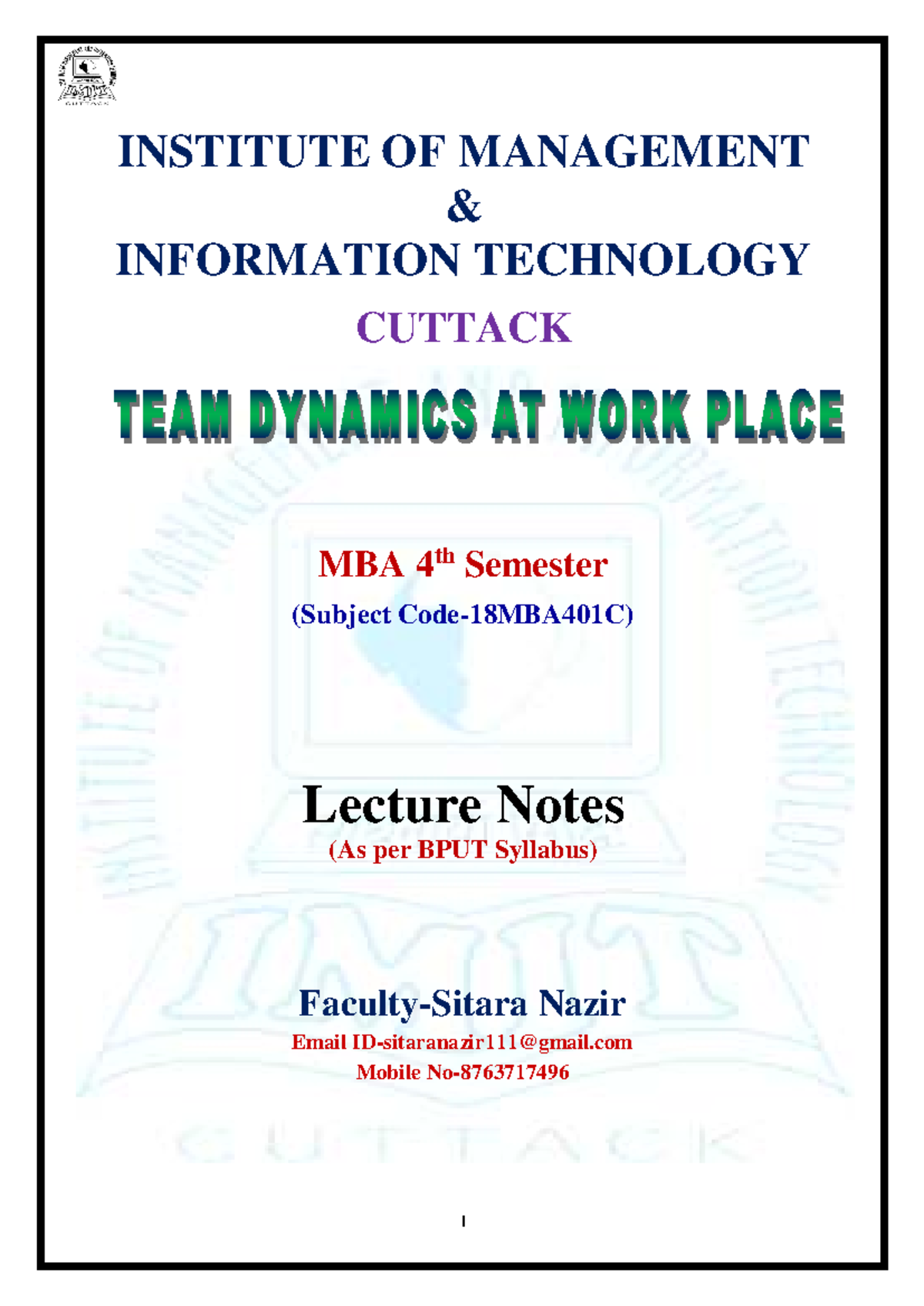 MBA 4th Semester Lecture Notes on Team Dynamics and Management - Studocu
