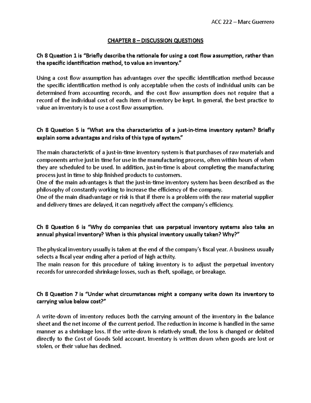 Discussion Questions Ch8 - ACC 222 – Marc Guerrero CHAPTER 8 ...