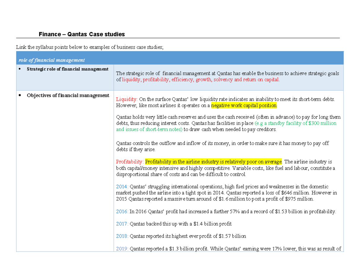 Finance 101: Qantas Case Study on Financial Management Strategies - Studocu