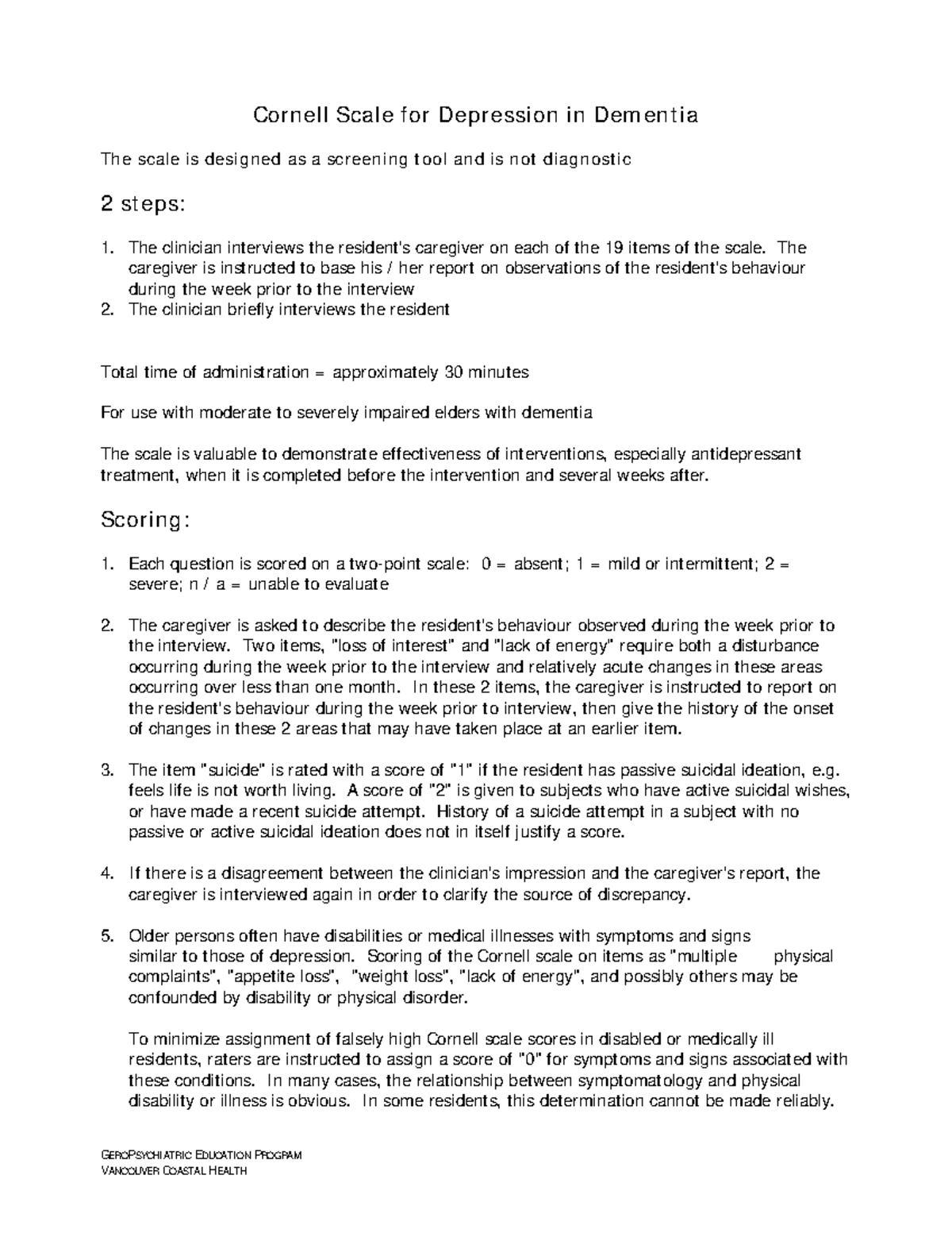 CSDD Screening Tool: Cornell Scale for Depression in Dementia - Studocu