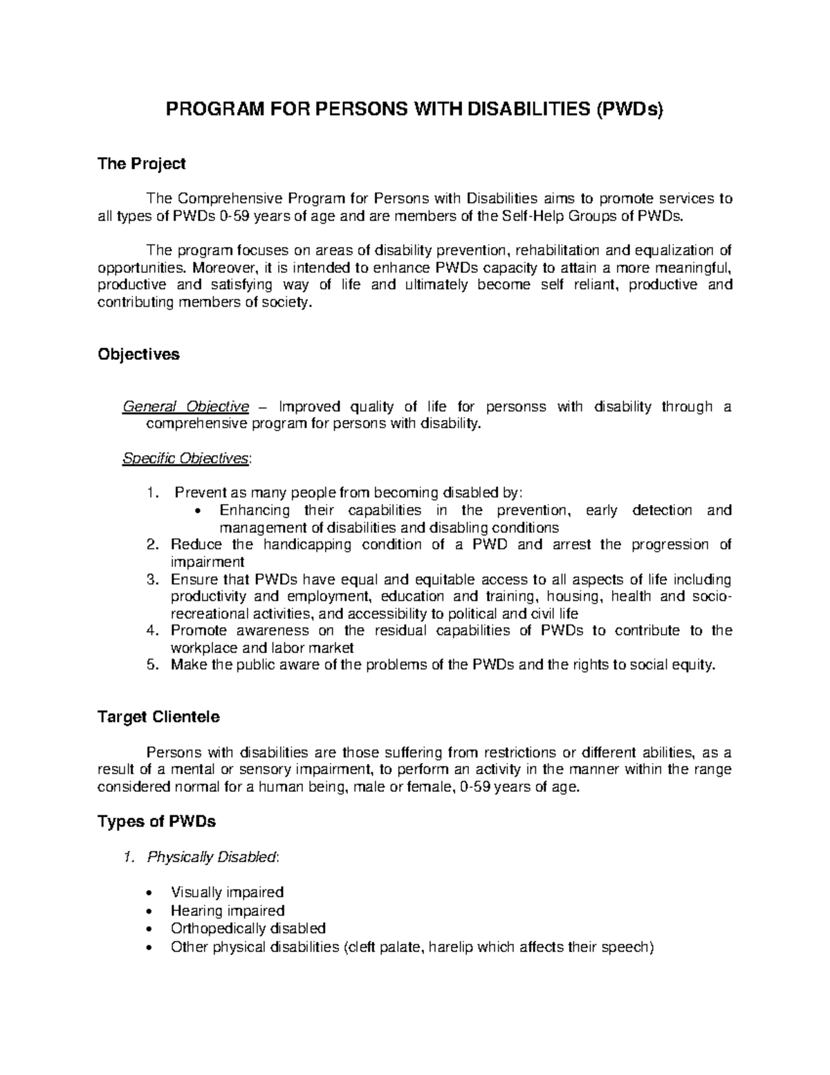 Comprehensive Program for Persons with Disabilities (PWDs) Overview ...