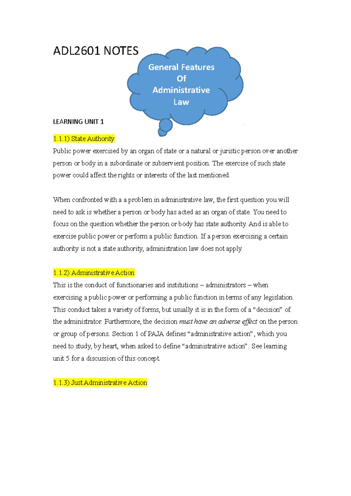 ADL2601 Midterm Study Notes on Administrative Law Concepts - Studocu