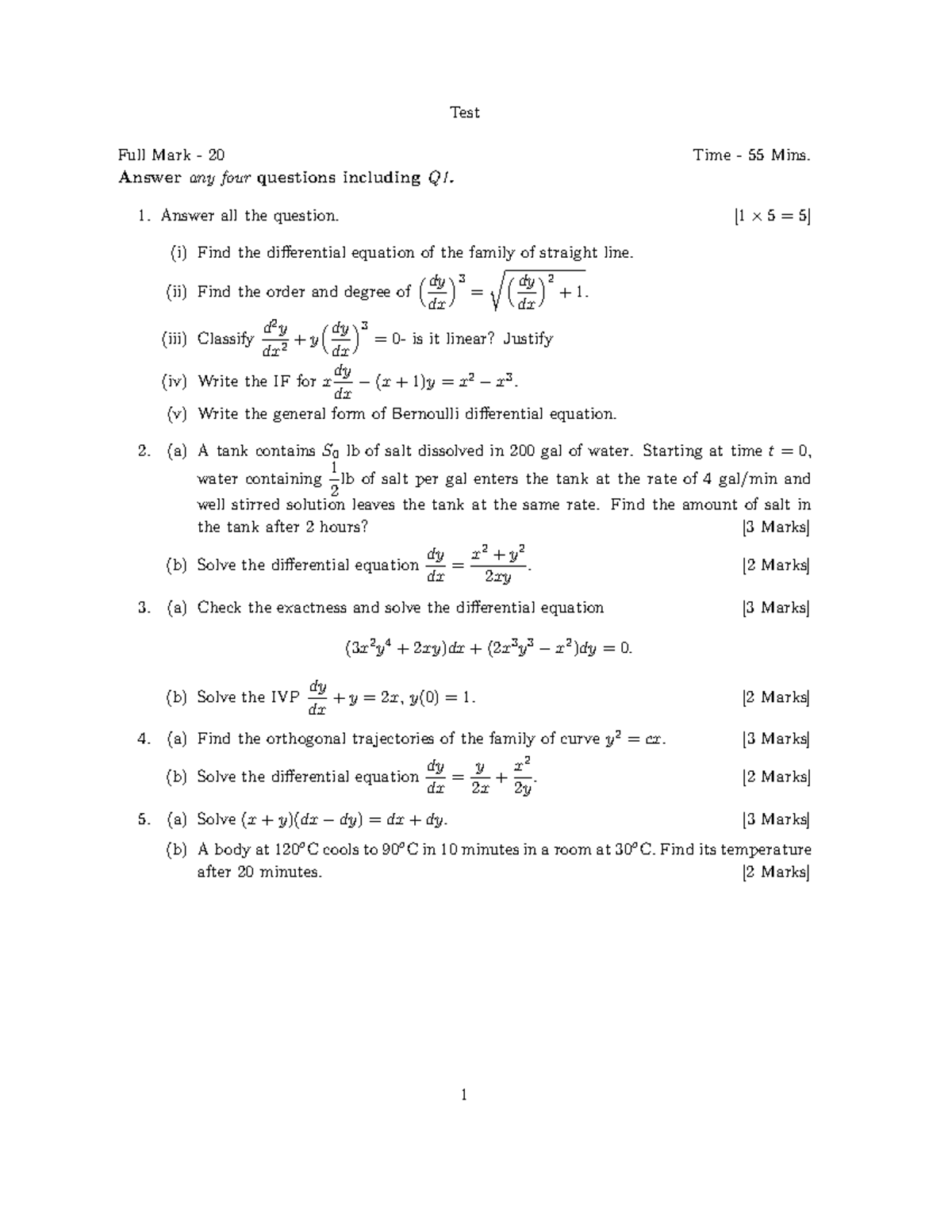 Test - Differential Equations Full Mark 20, Answer 4 Questions - Studocu