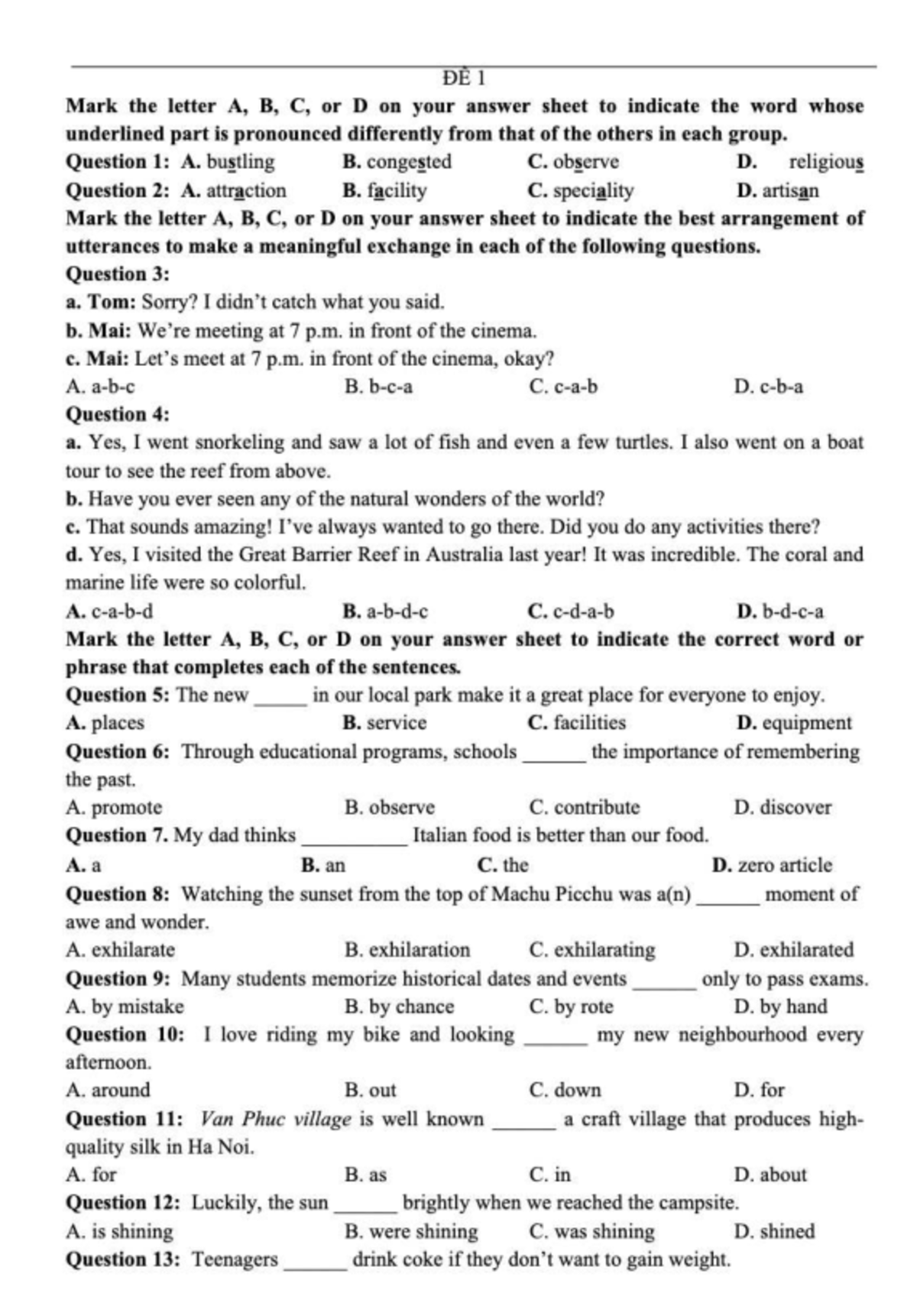 bE 1: Pronunciation and Sentence Completion Practice Questions - Studocu