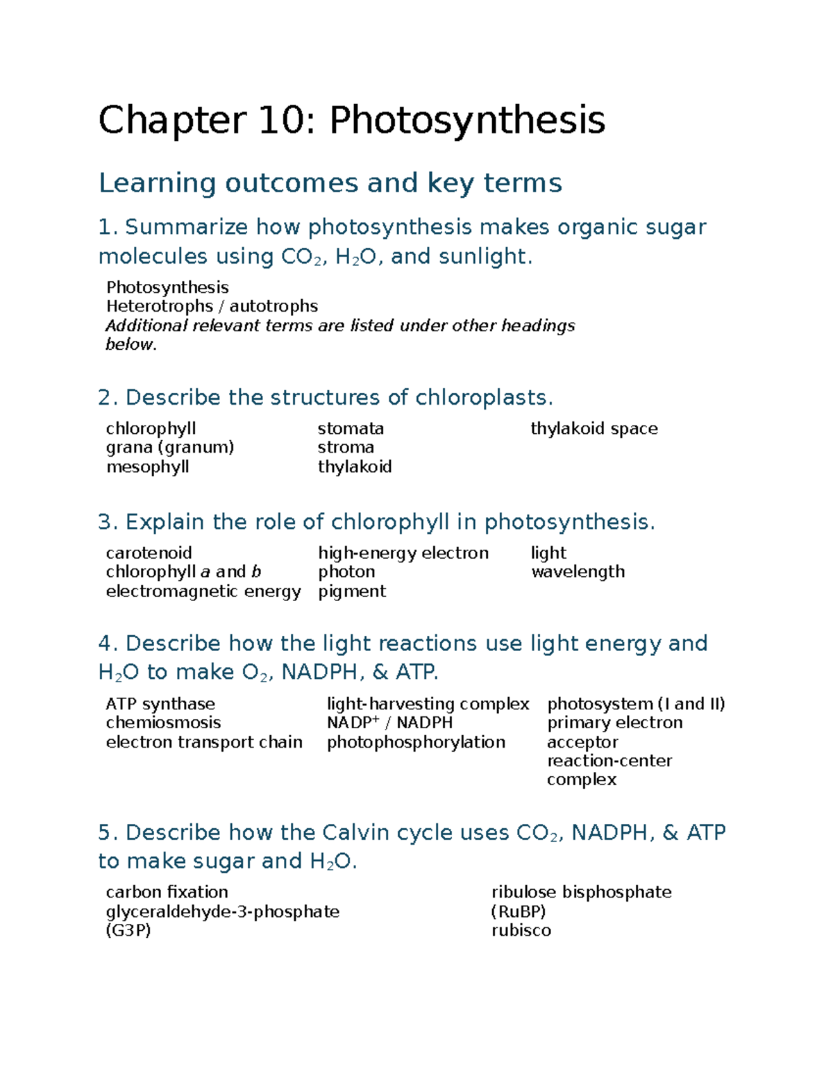 Chapter 10: Photosynthesis Study Guide - Key Concepts & Outcomes - Studocu