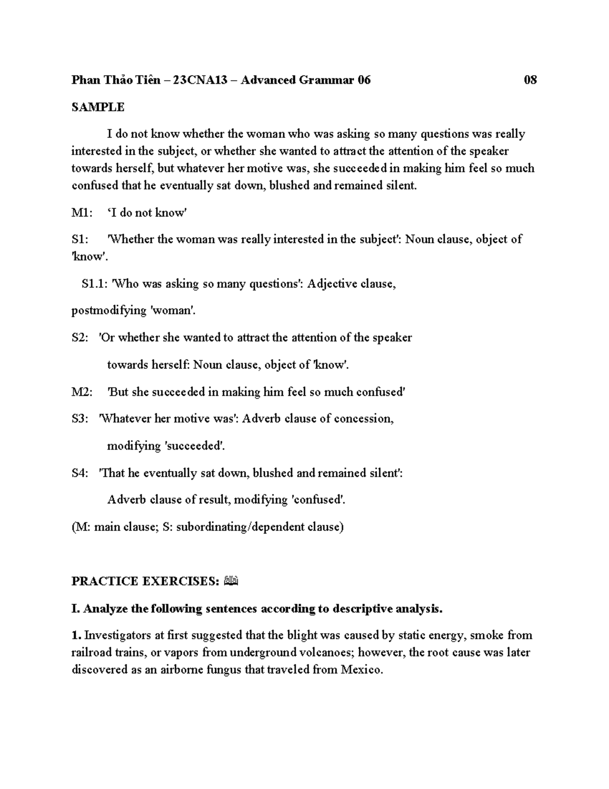 Assignment 8 - Analyzing Sentence Structure and Clauses in Grammar ...