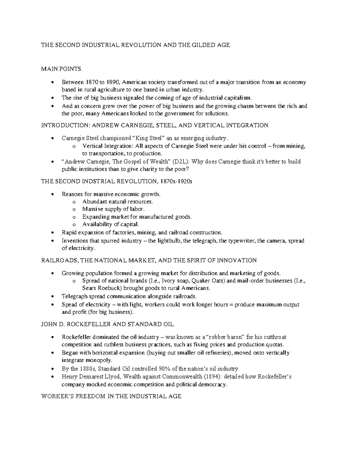 Week 2 - The Second Industrial Revolution & Gilded Age Overview - Studocu