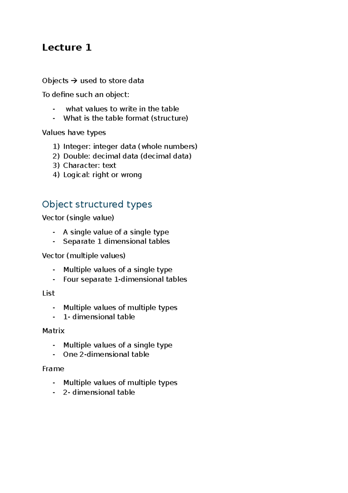 Samenvatting R-Objecten en Atomic Vectors - Les 1 & 2 - Studeersnel