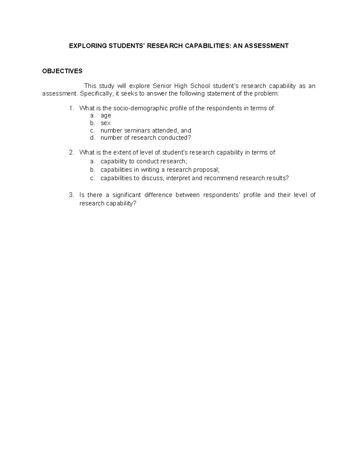 HUMSS Grade 12 Research Capabilities Questionnaire & Assessment Study ...