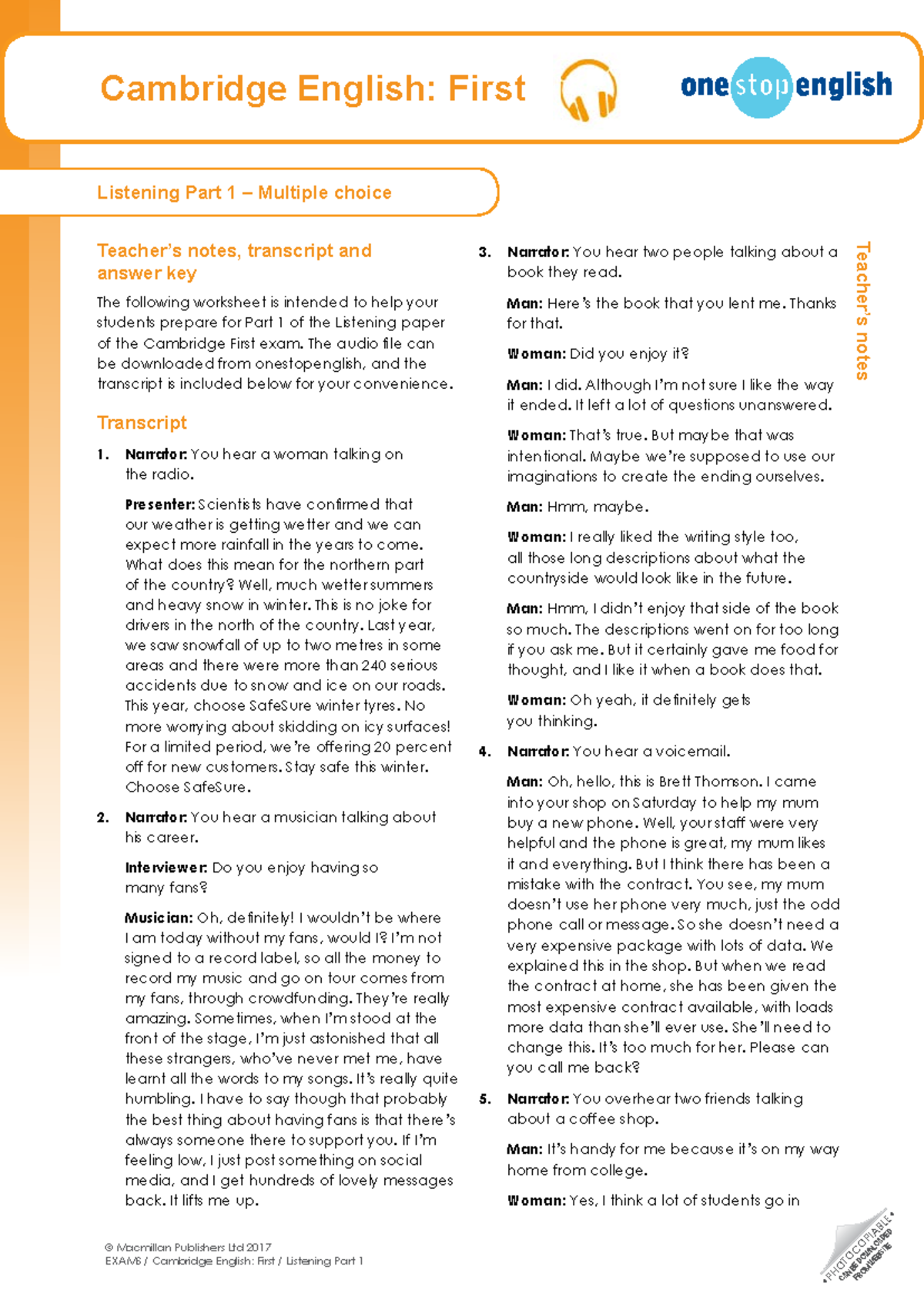 Cambridge English: First Listening Part 1 - Teacher's Notes and Key ...