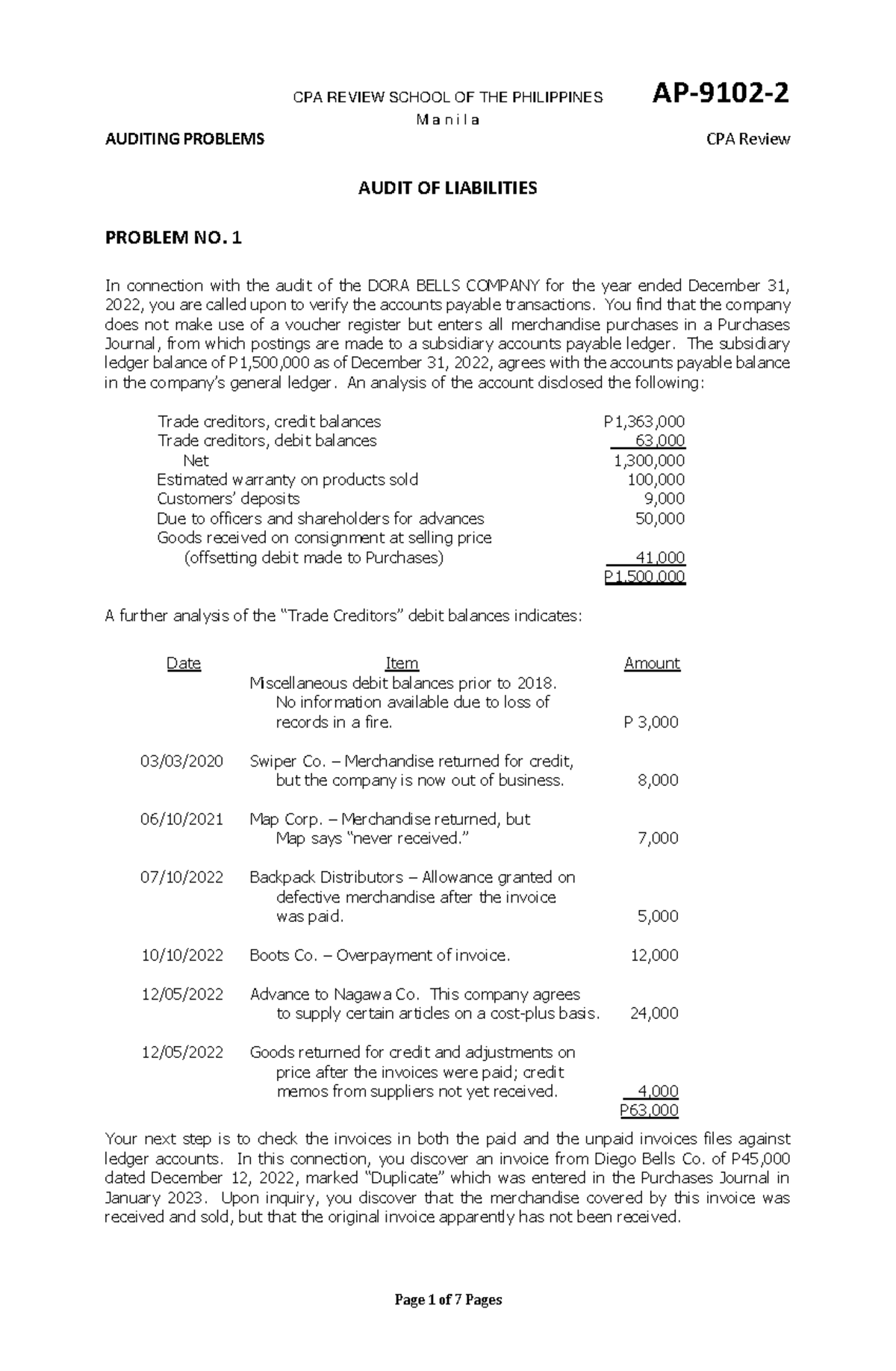 AP 9102-2 Auditing Liabilities: Issues & Solutions for DORA BELLS Co ...