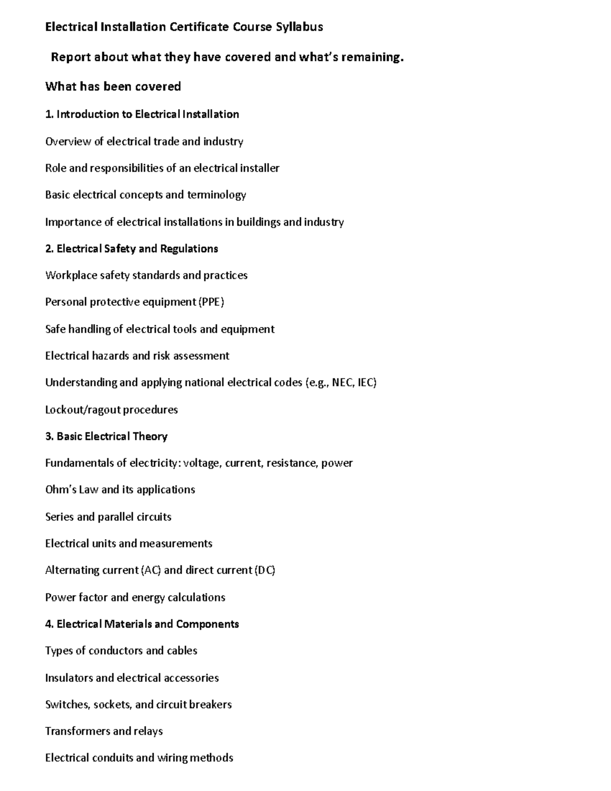 Electrical Installation Certificate Course Syllabus Coverage Report ...