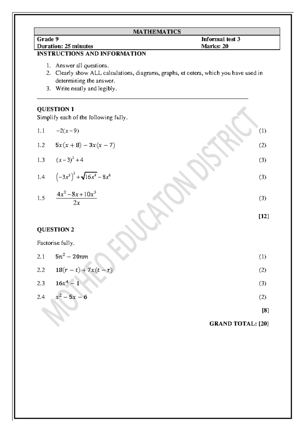 Grade 9 Math Informal Test 3 - Simplification and Factorisation - Studocu