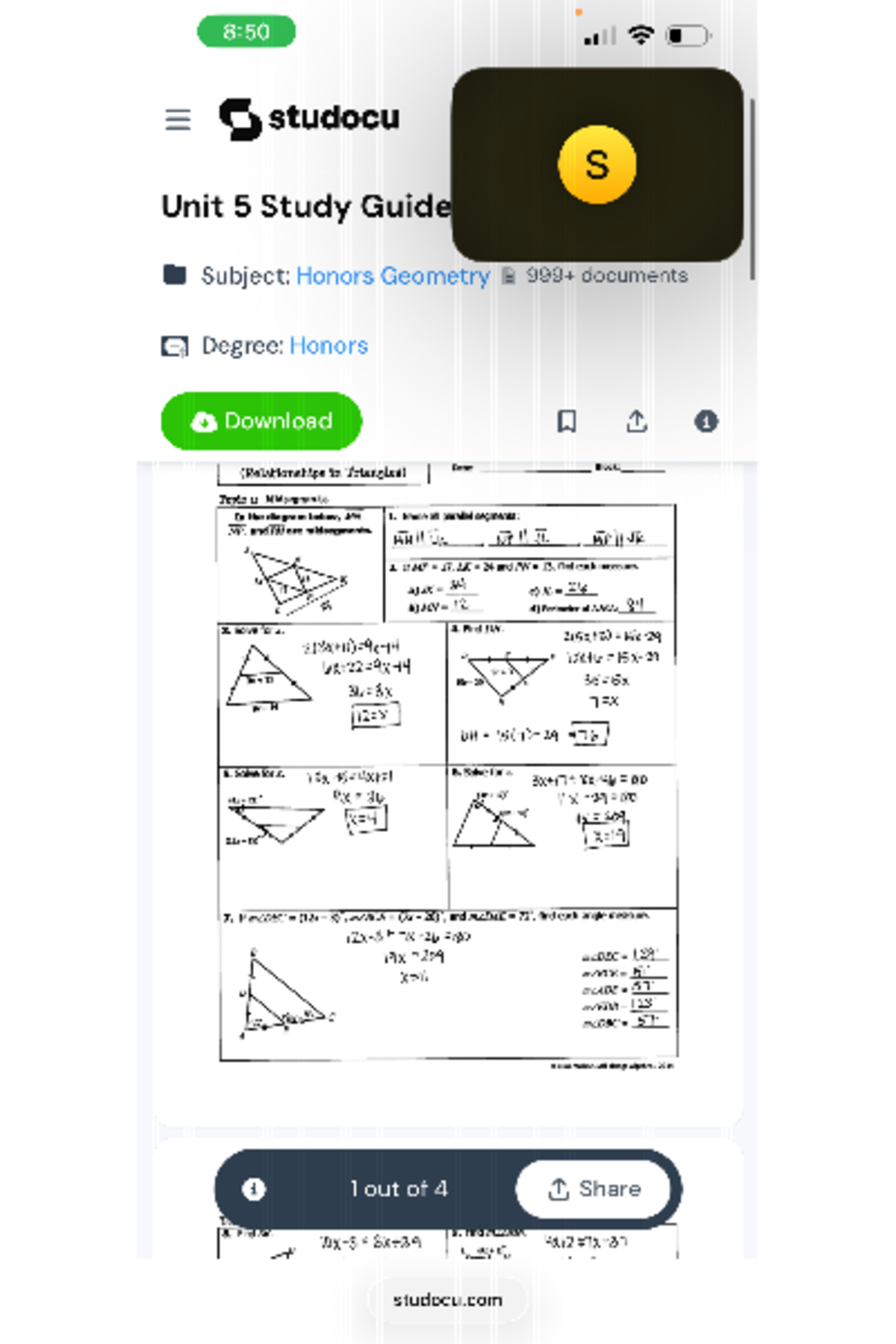 Honors Geometry B Unit 5 Study Guide: Relationships in Triangles - Studocu