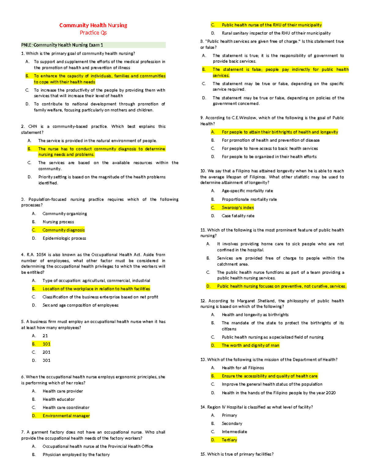 PNLE: Community Health Nursing Exam Review Questions and Answers - Studocu
