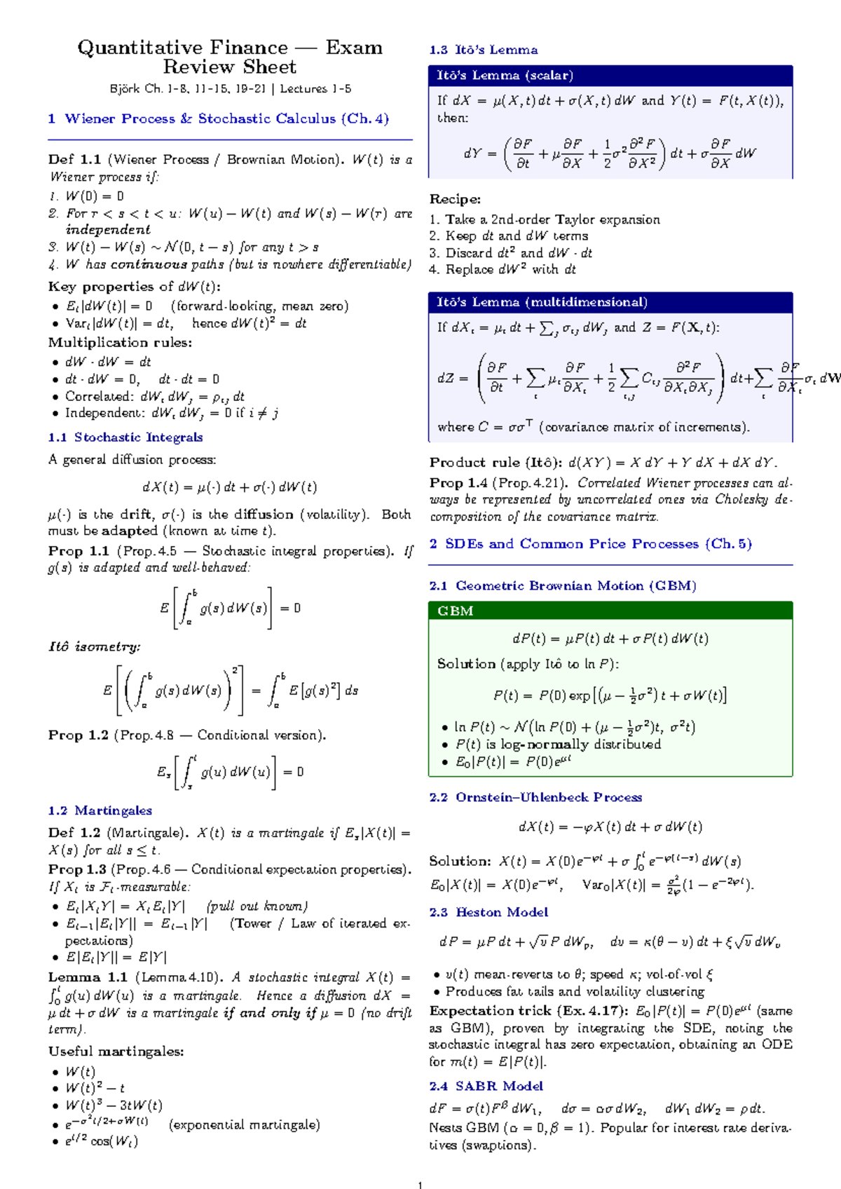 QF 101 Final Exam Review Sheet: Wiener Process & Stochastic Calculus ...