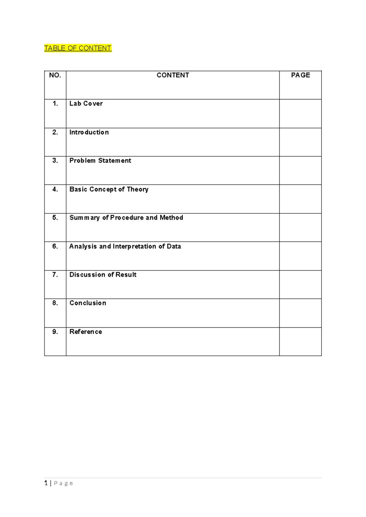 LAB Report biochemical oxygen demand - TABLE OF CONTENT NO. CONTENT ...