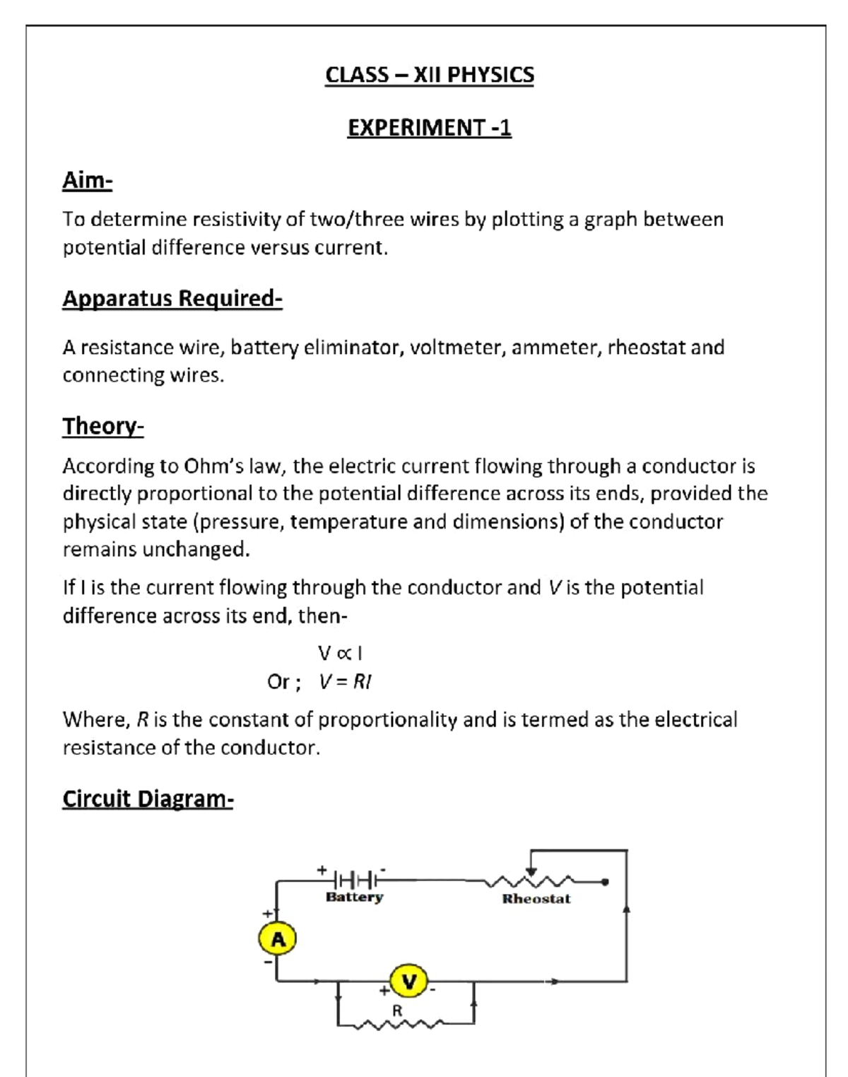 CLASS XII PHYSICS PRACTICAL: RESISTIVITY & RESISTANCE EXPERIMENTS - Studocu