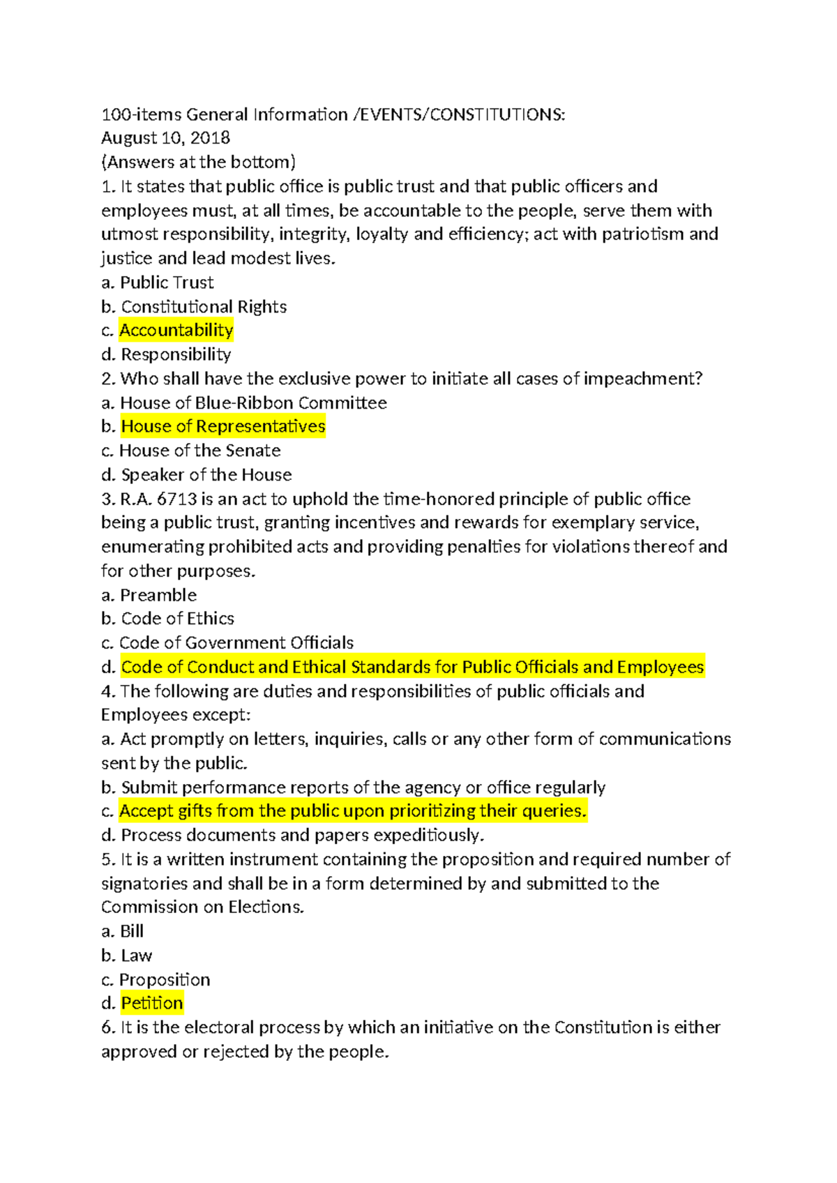 General Info Quiz: 100 Items on Public Trust & Government (GEN101 ...