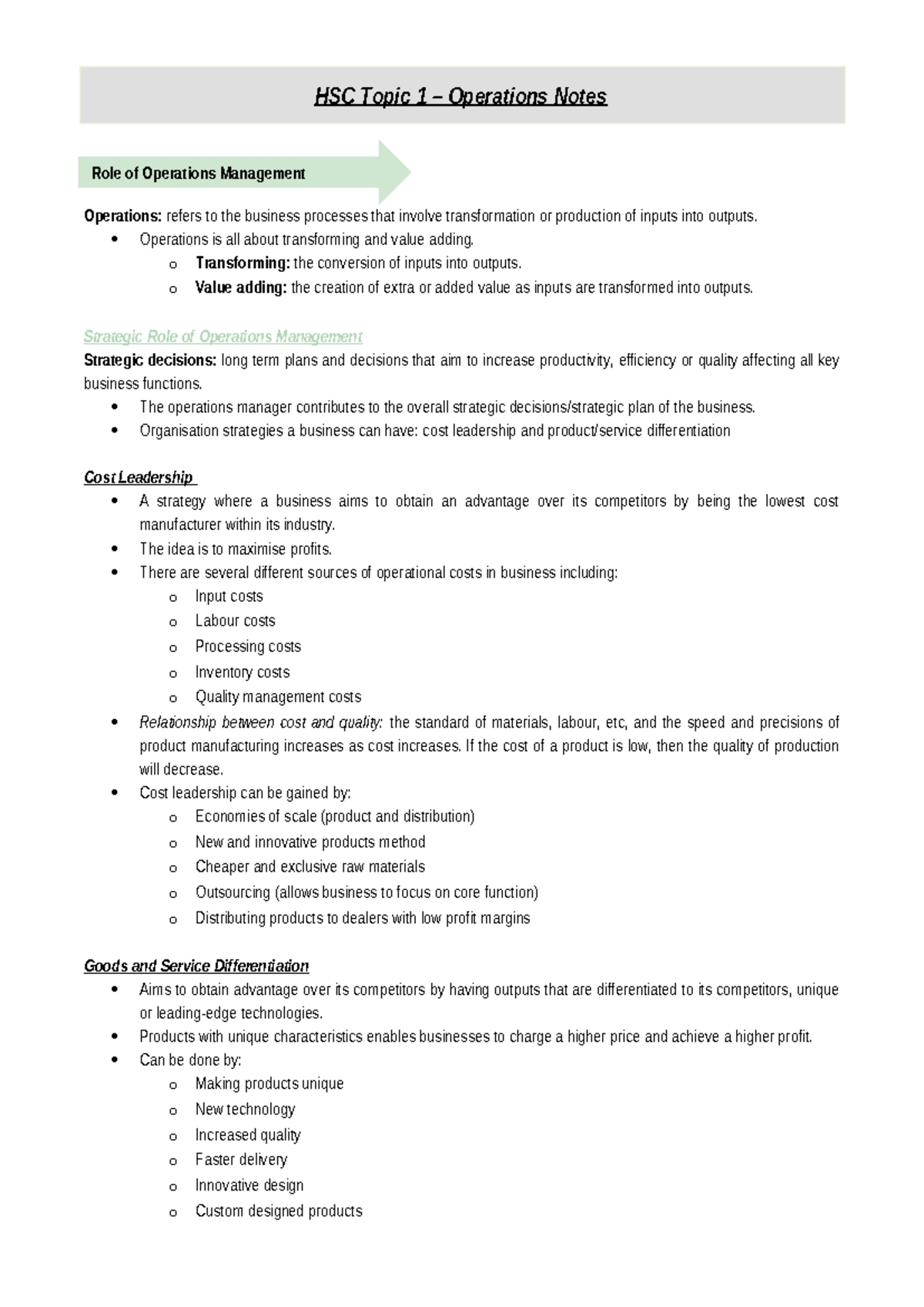 HSC 2022 Business Studies: Topic 1 - Operations Management Notes - Studocu