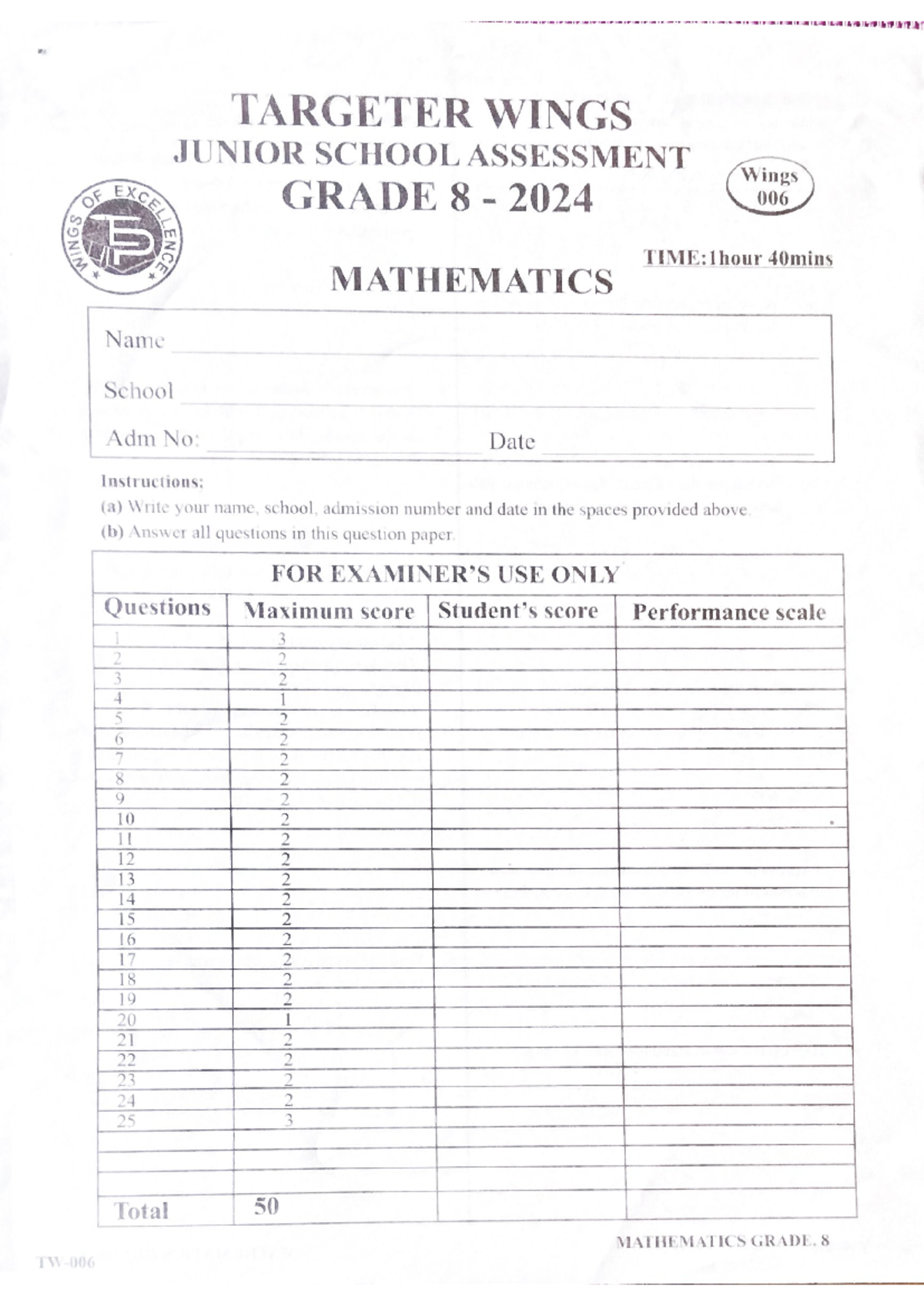 Targeter 006 Grade 8 Mathematics Assessment 2024 - Studocu