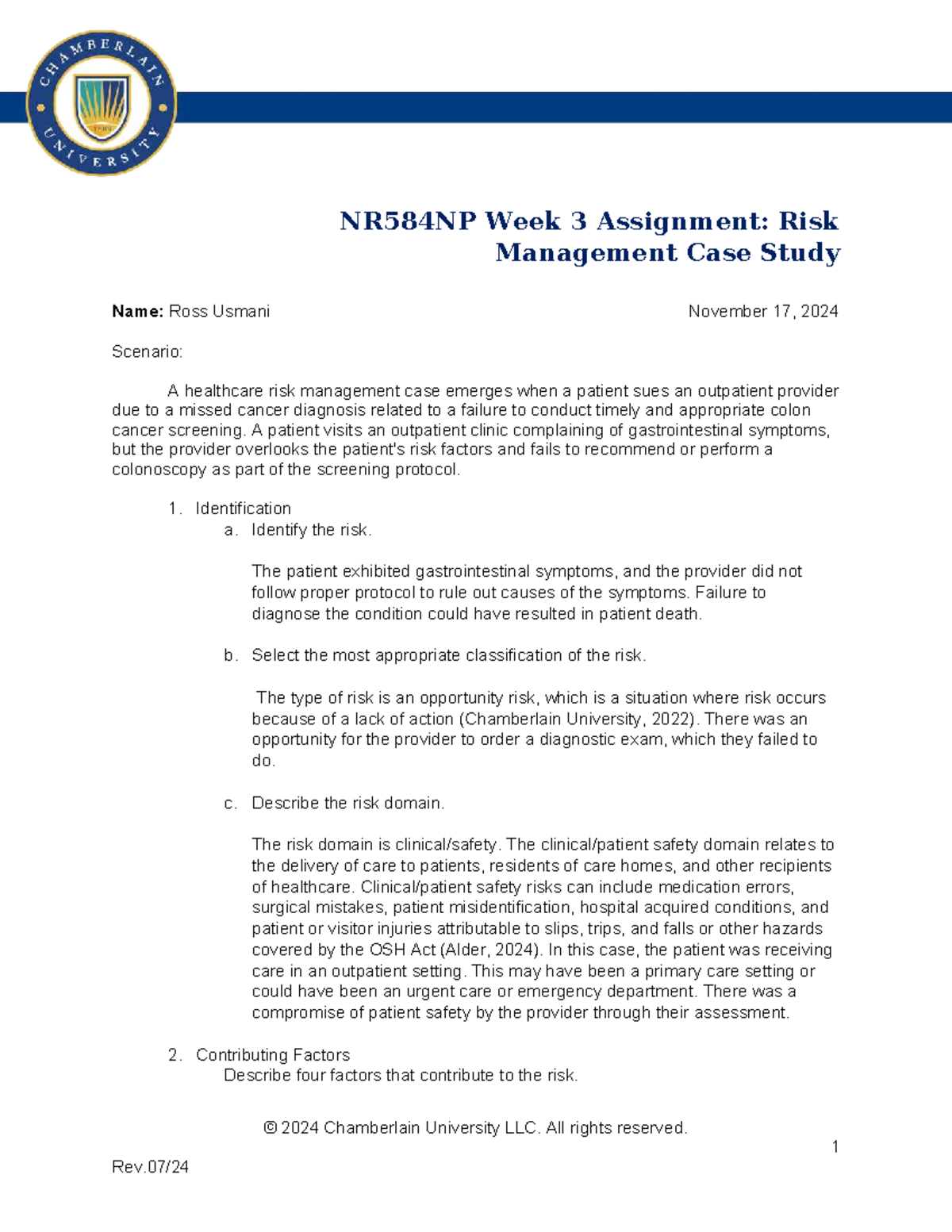 NR584NP Week 3 Risk Management Case Study Analysis by Ross Usmani - Studocu