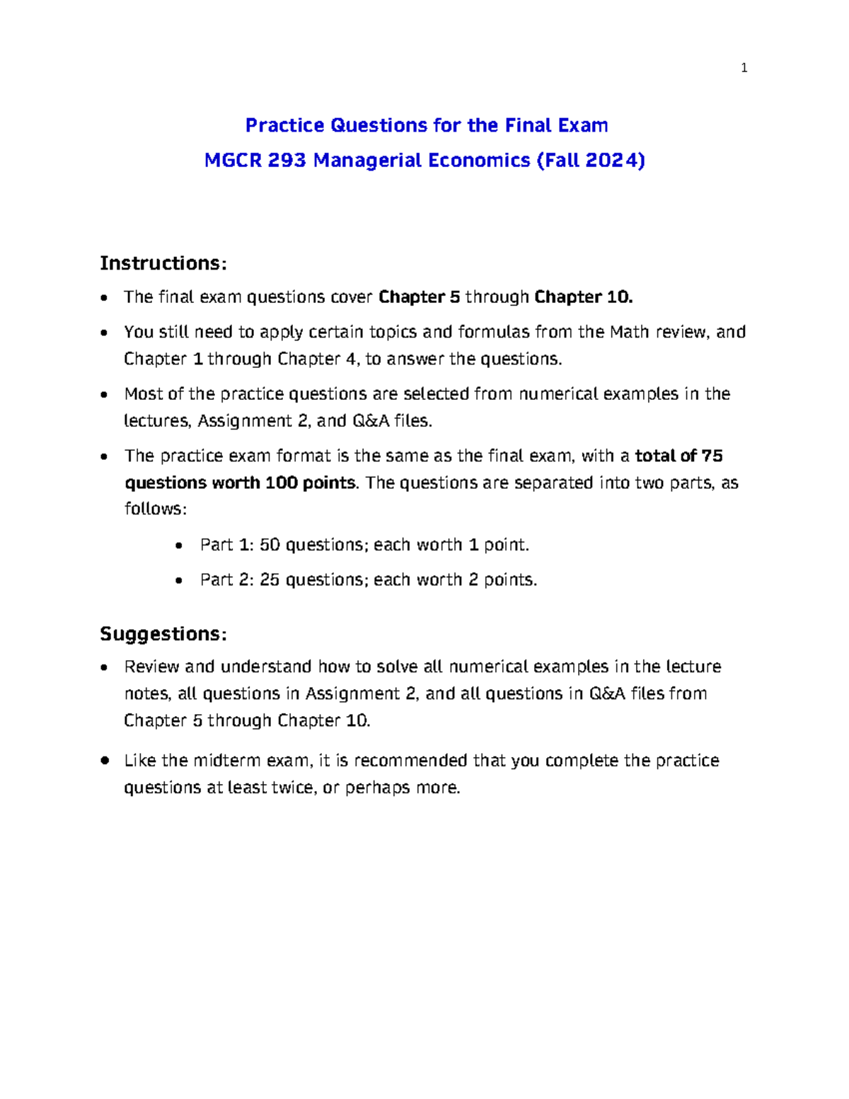 F2024 Practice Final Exam Questions - Practice Questions for the Final ...