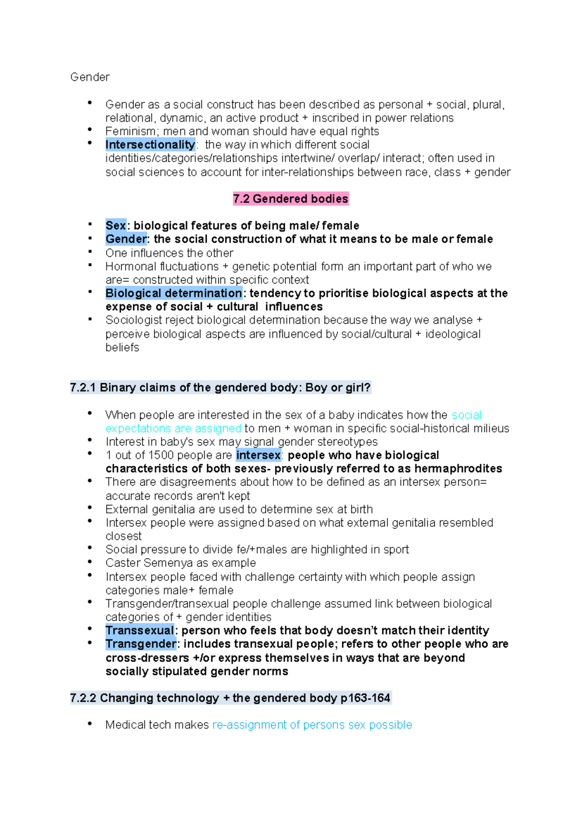 Sociology 114 Summary of Gender Concepts and Theories - Studocu