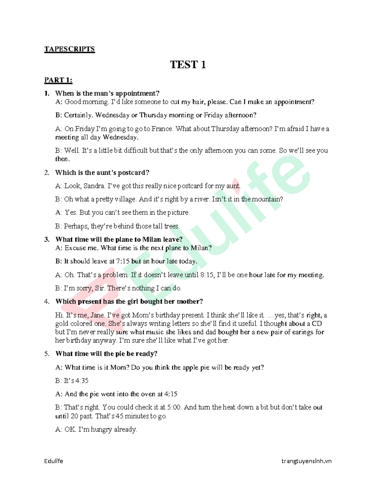 TAPESCRIPTS TEST 1: Conversations and Situational Dialogues - Studocu