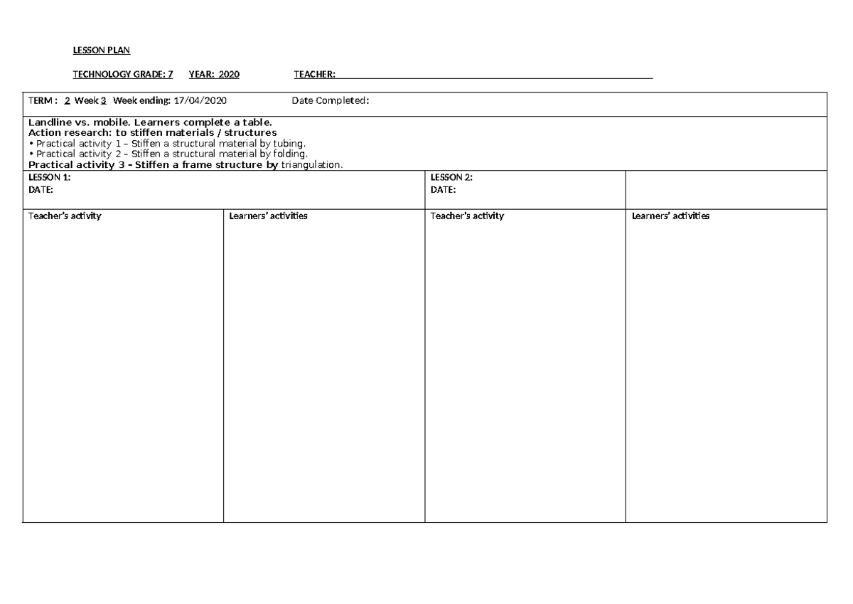 Term 2 Week 3 Lesson Plan for Grade 7 Technology Class - Studocu