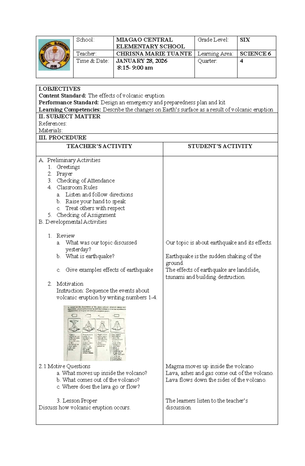 DLP: Volcanic Eruption Lesson Plan for Grade 6 Science - Studocu