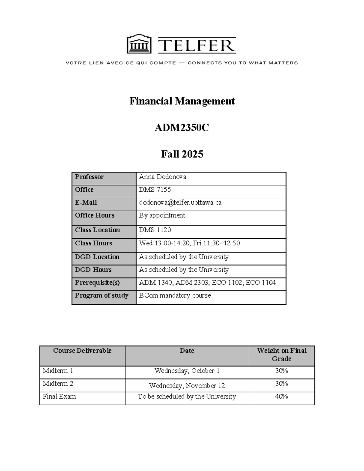 Financial Management Syllabus ADM 2350C Fall 2025 - Studocu