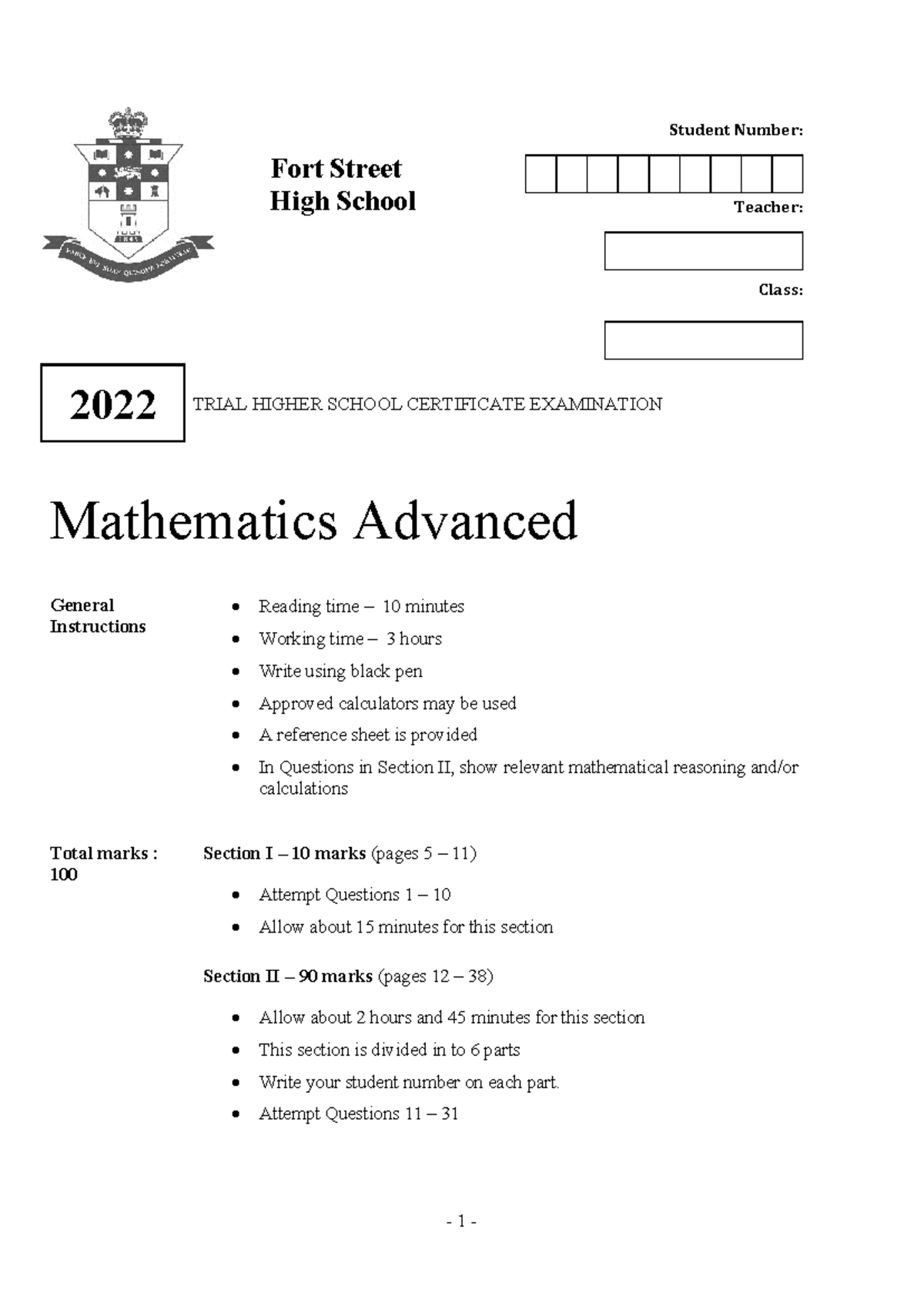 2u 2022 fort st trial paper with solutions 644667445 df69 - Fort Street ...