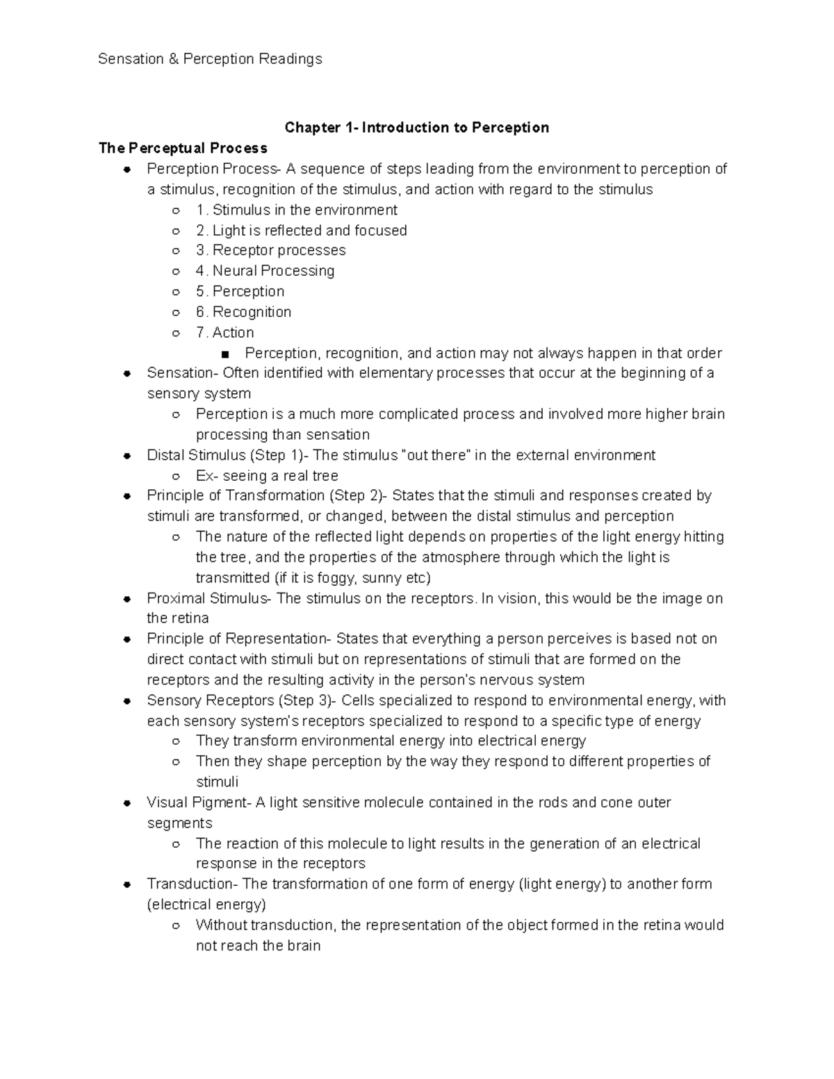 Sensation Perception Readings Ch 1-3 Summary and Key Concepts - Studeersnel