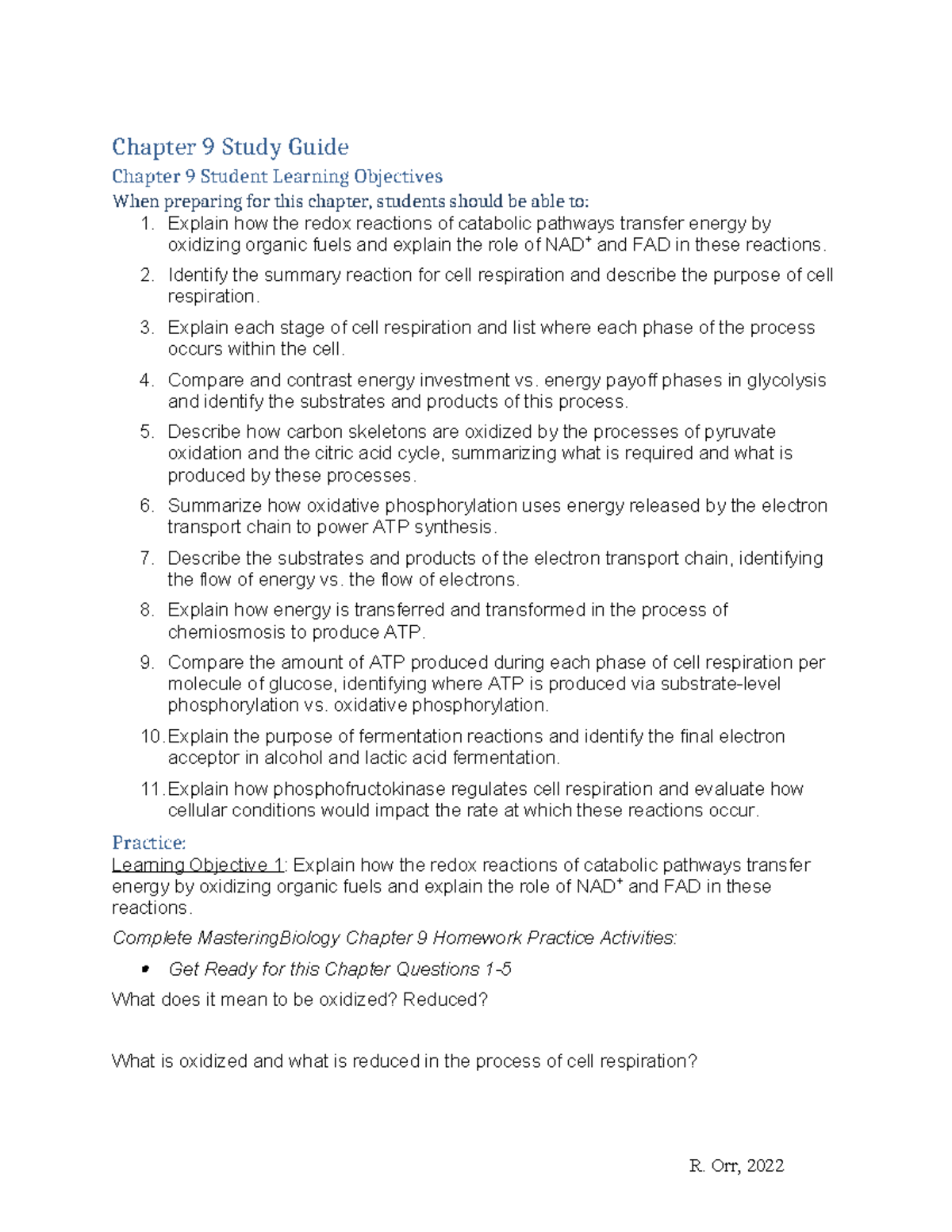 Cellular Respiration Study Guide - Chapter 9 Overview (BIOL 101) - Studocu