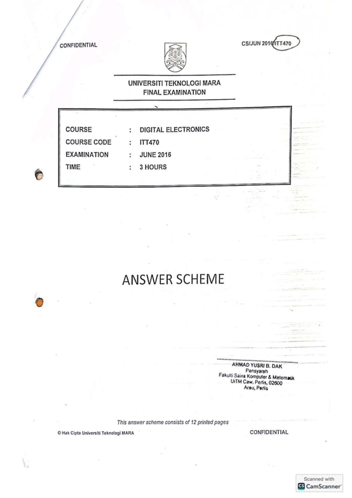 Final Exam ITT470: Digital Electronics Answer Scheme - June 2016 - Studocu