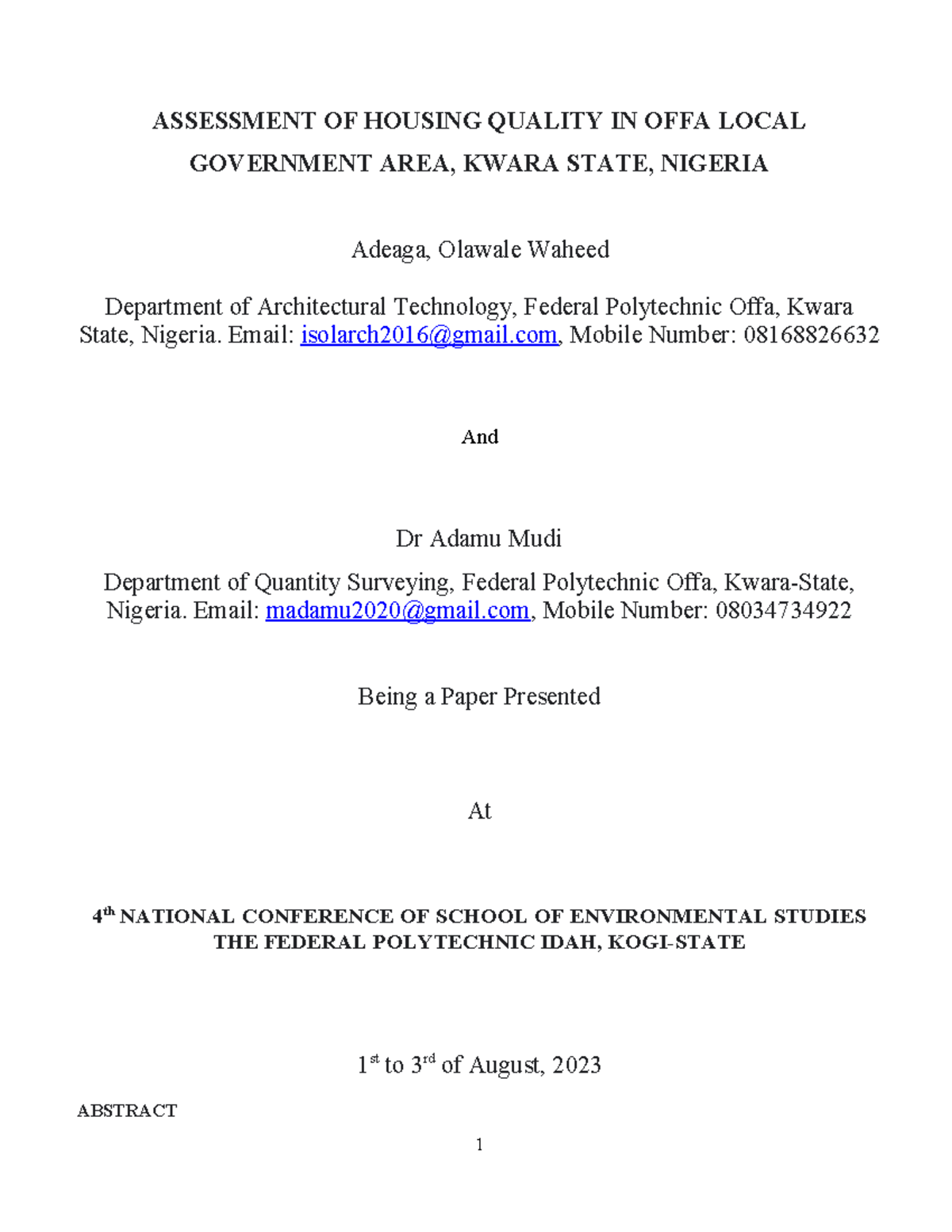Assessment of Housing Quality in Offa Lo - ASSESSMENT OF HOUSING ...