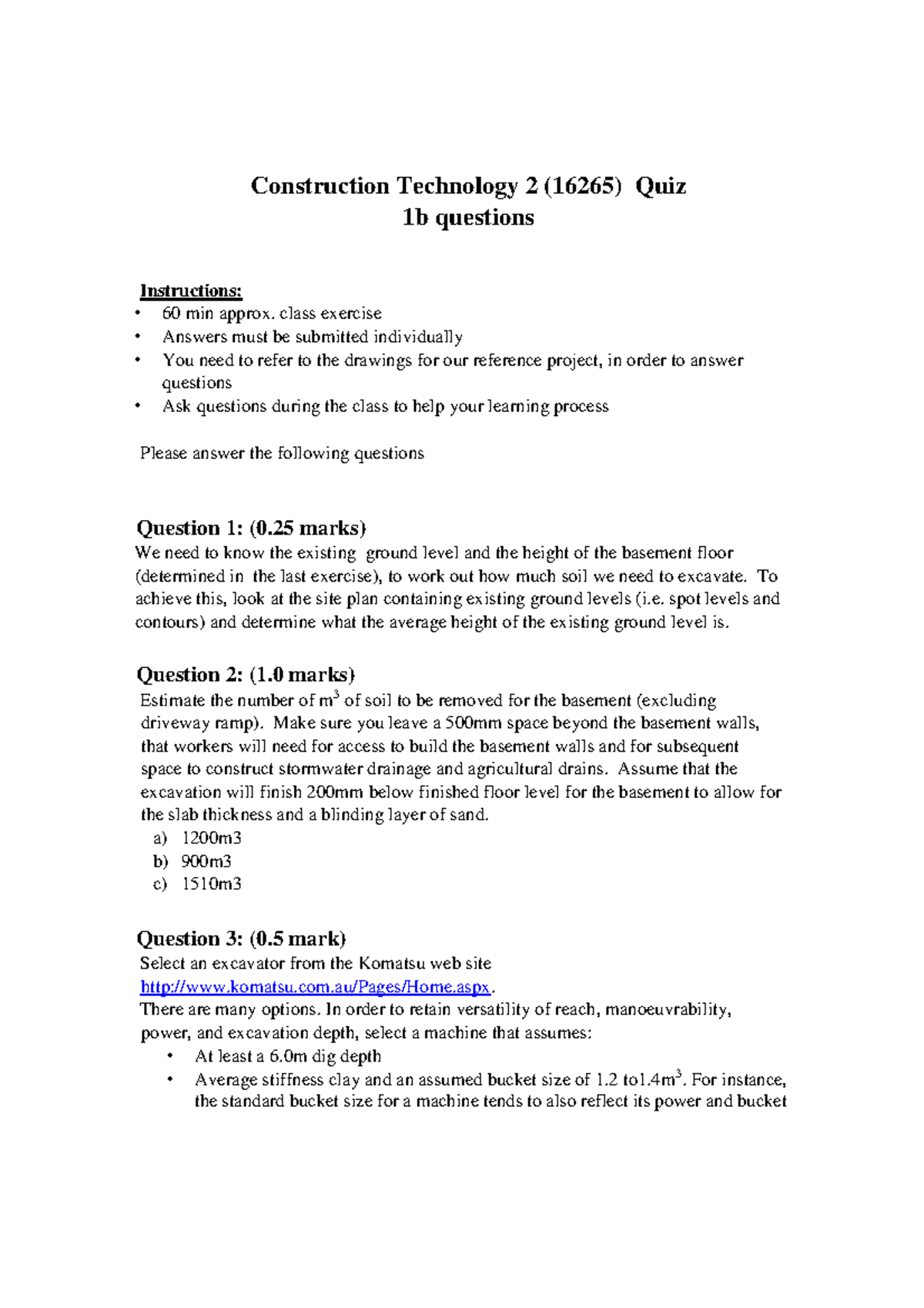 Quiz 1B Questions for Construction Technology 2 (16265) - Studocu