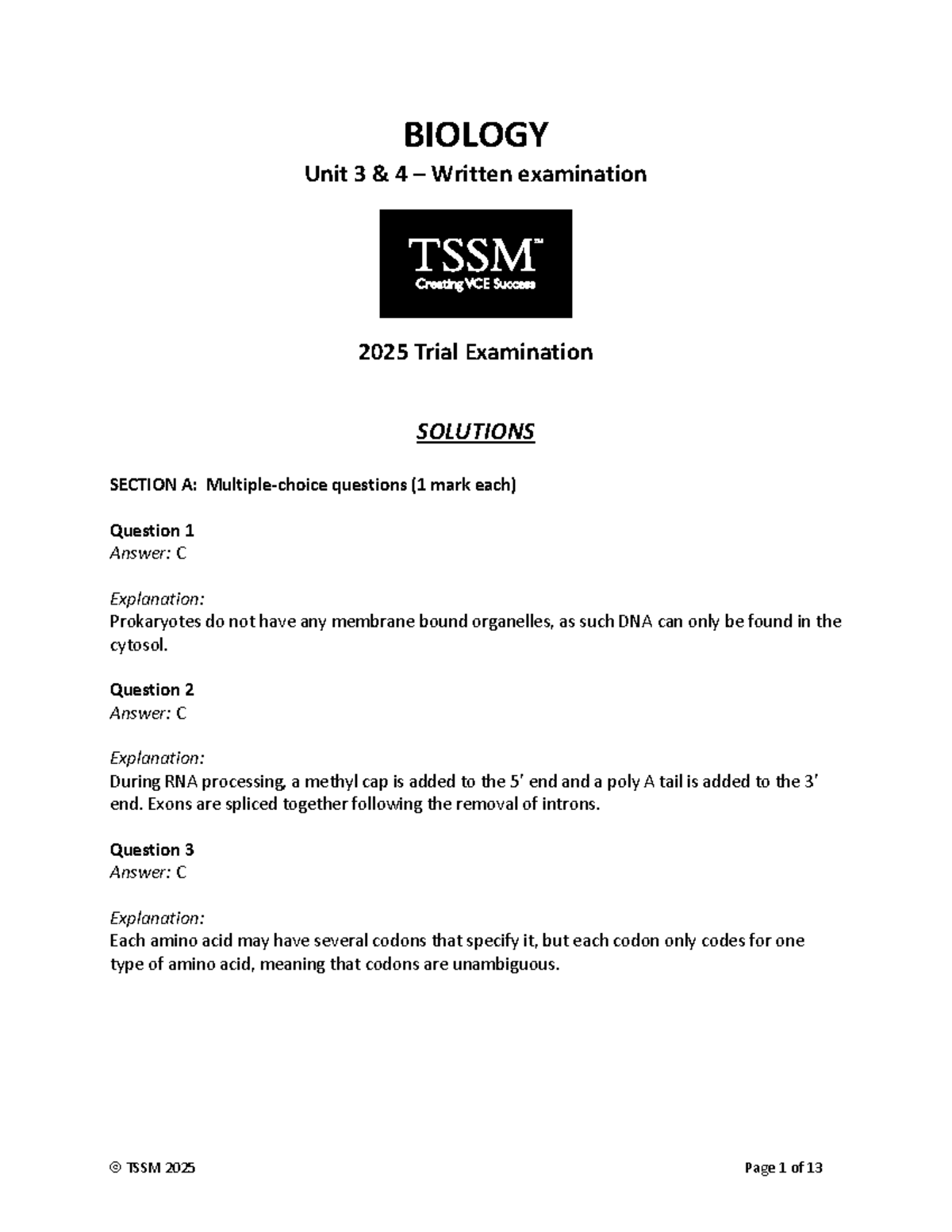 2025 BIOLOGY Unit 3 & 4 Trial Exam Solutions TSSM - Studocu