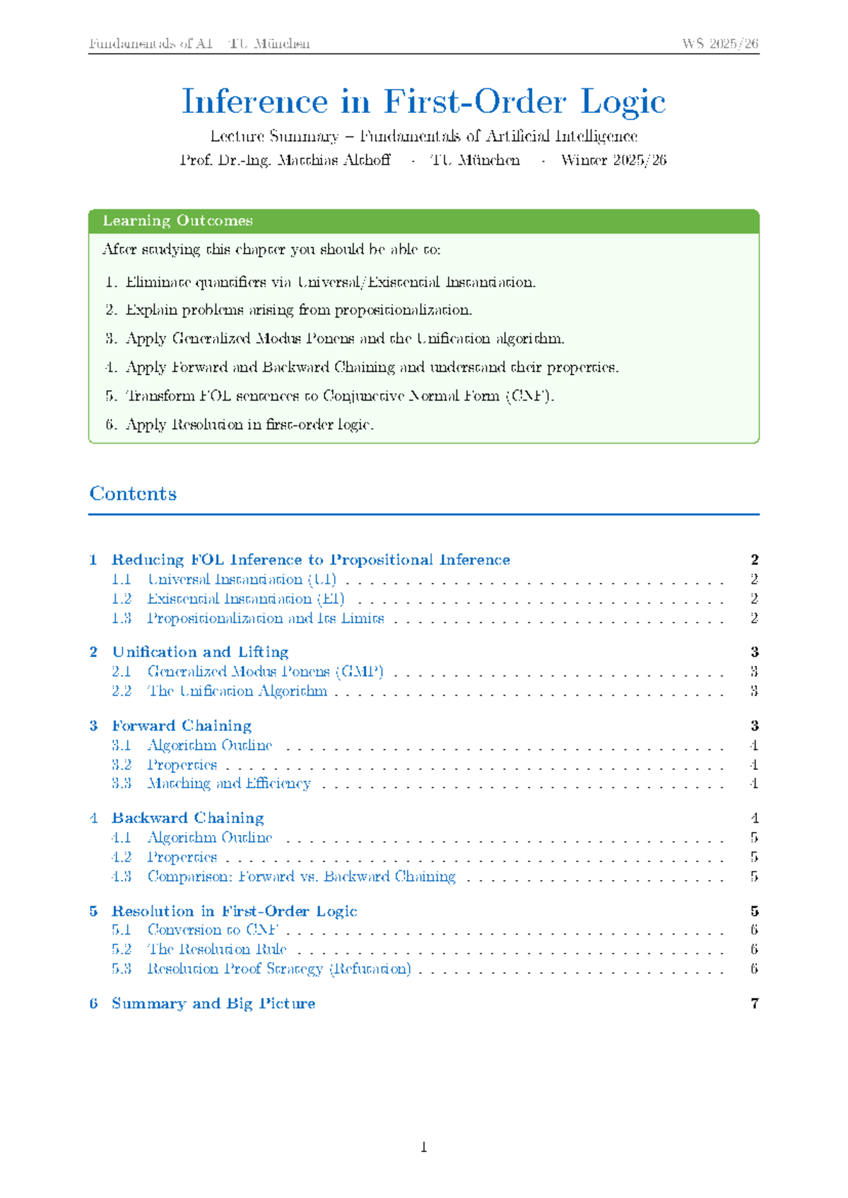 First Order Logic Inference Summary - AI Fundamentals TU München WS ...