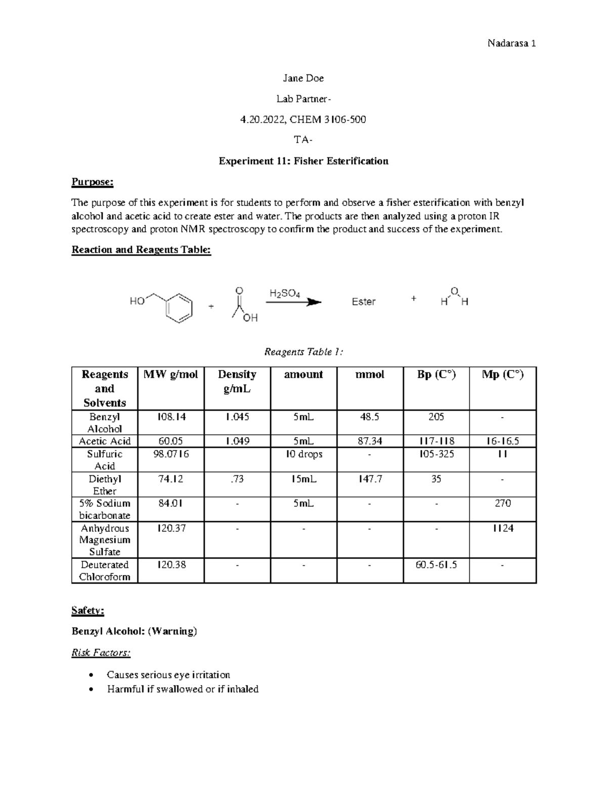 CHEM 3106 Exp 11 Final Lab Report: Fisher Esterification Analysis - Studocu
