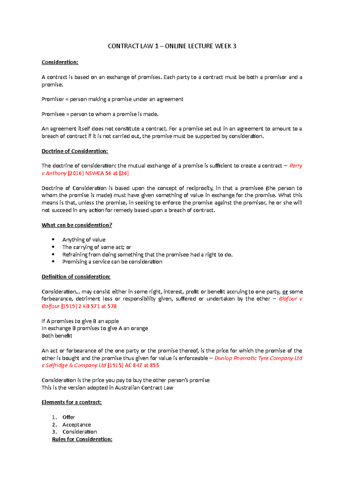 Contract Law 1: Online Lecture Notes - Week 3 Consideration - Studocu