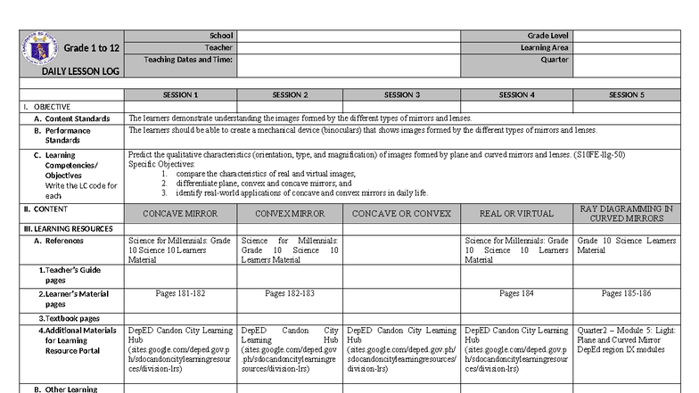 Grade 10 Science 10 Daily Lesson Log: Light and Mirrors Module - Studocu