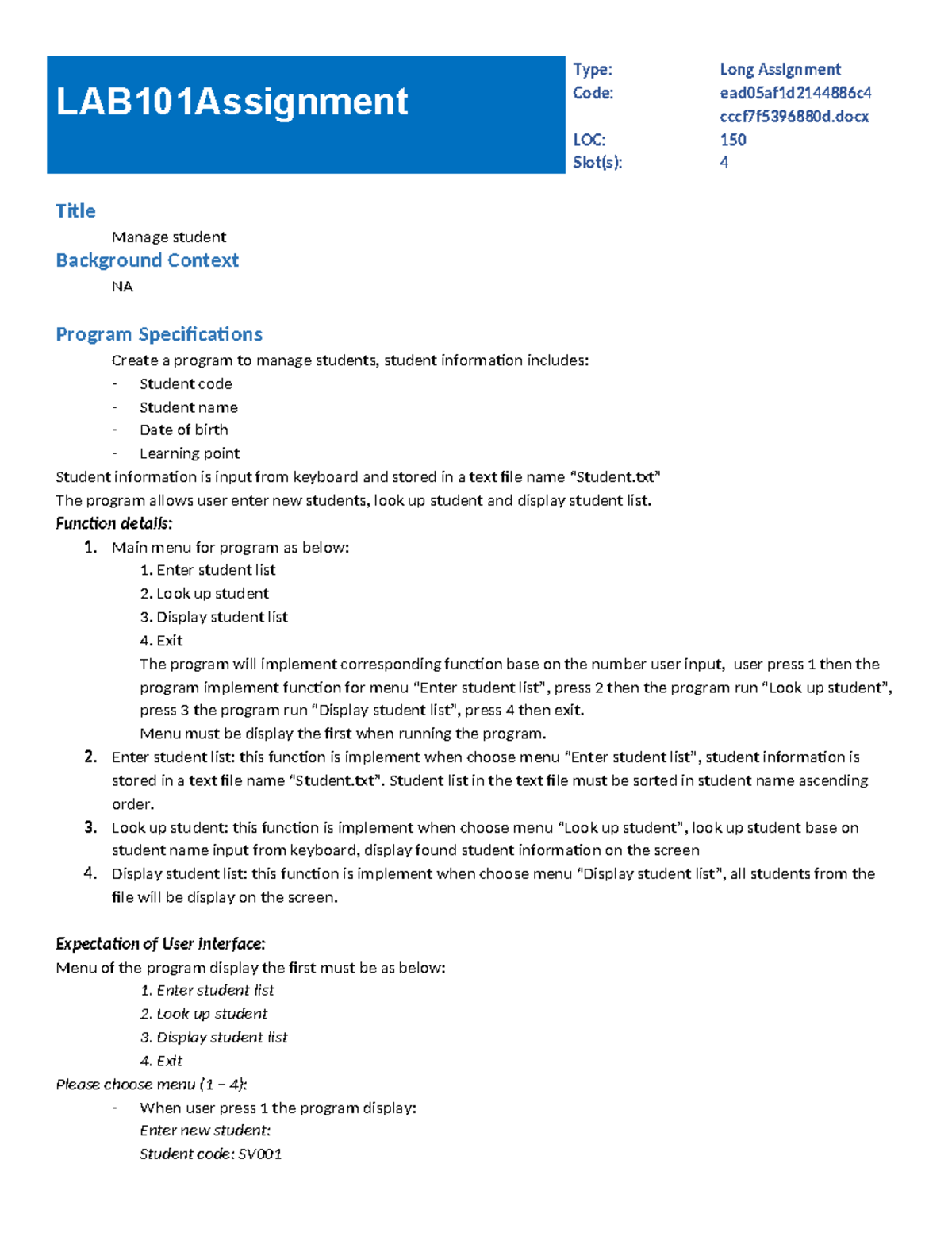 LAB101 Long Assignment: Student Management Program Design - Studocu