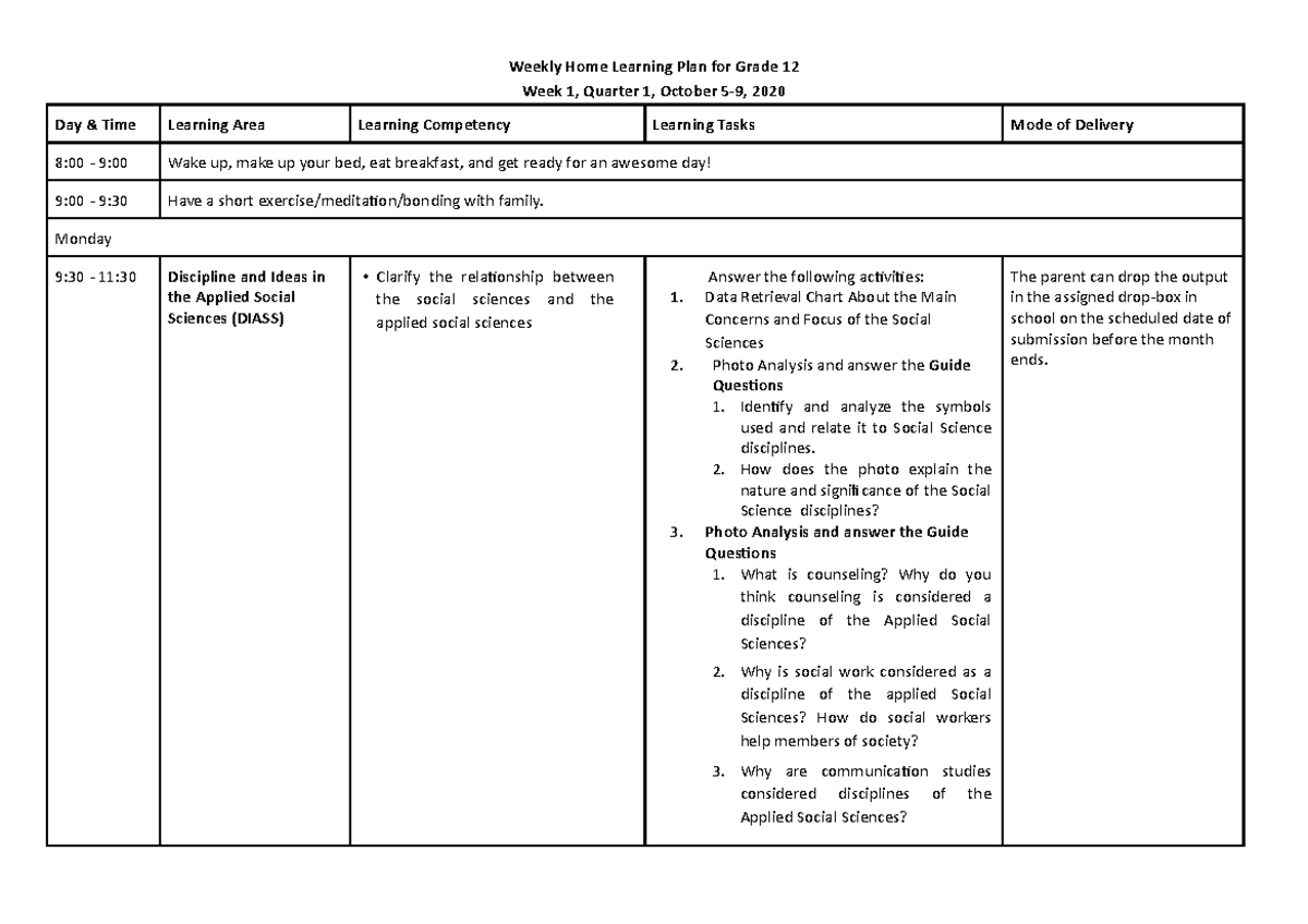 Weekly Home Learning Plan for Grade 12 (DIASS) Weeks 1-8 Overview - Studocu