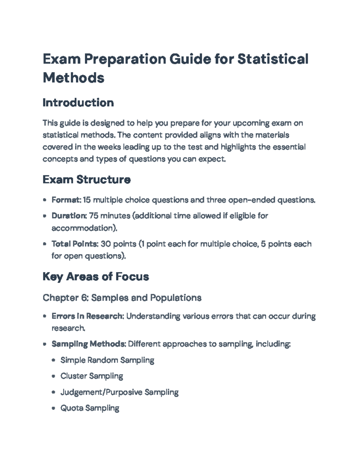 Final Exam Review Guide for Statistical Methods (Courses: Stat 101 ...