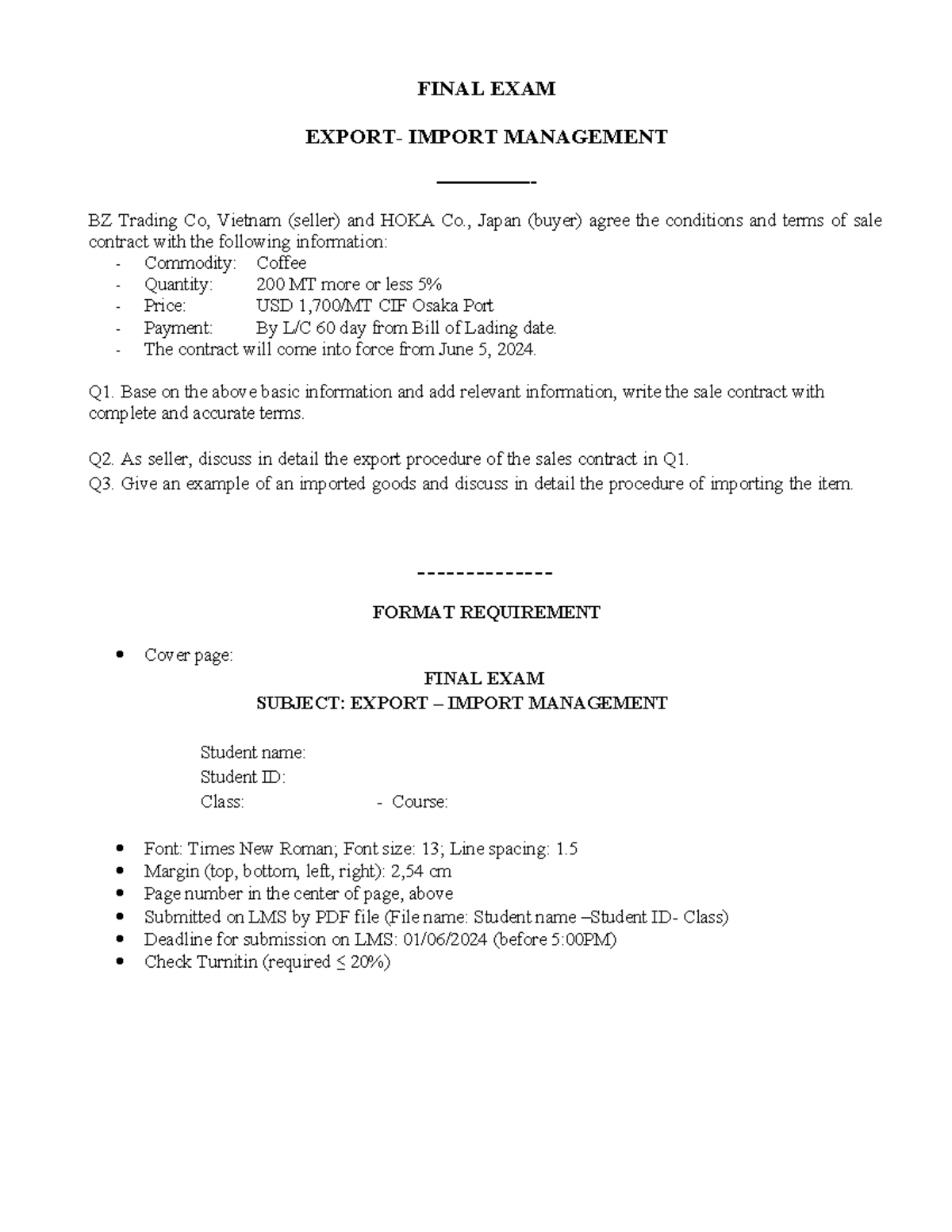 Final EXAM - FINAL EXAM EXPORT- IMPORT MANAGEMENT BZ Trading Co ...