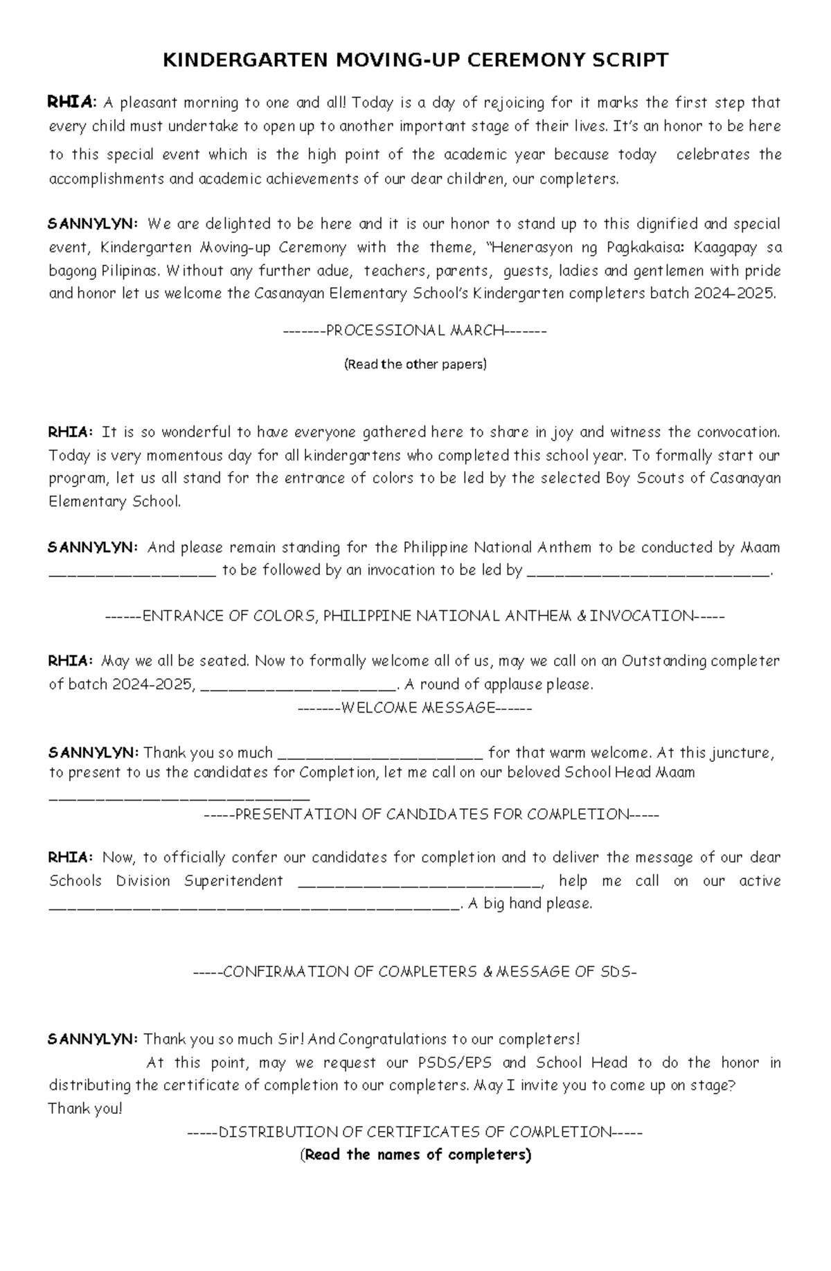 Kindergarten Moving-Up Ceremony Script for 2024-2025 - Studocu