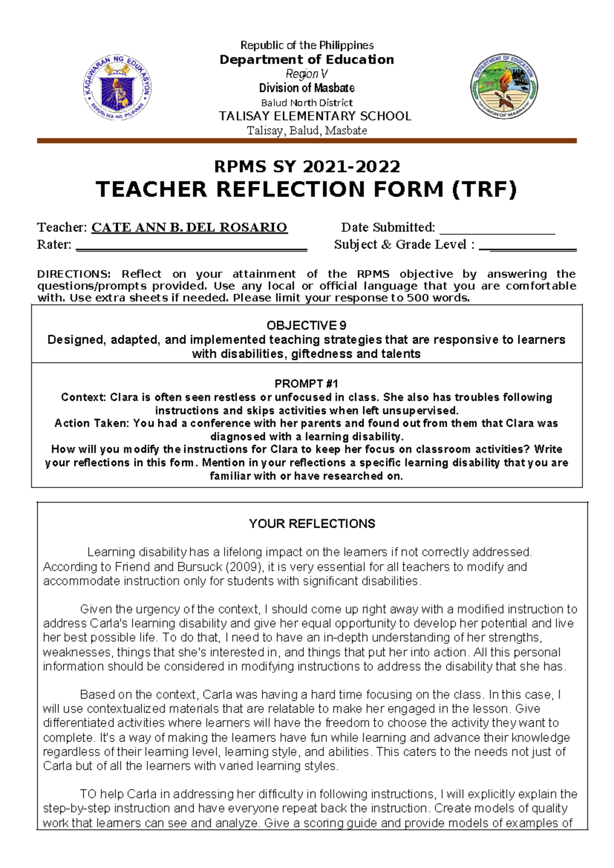 Teacher- Reflection-FORM - Republic of the Philippines Department of ...